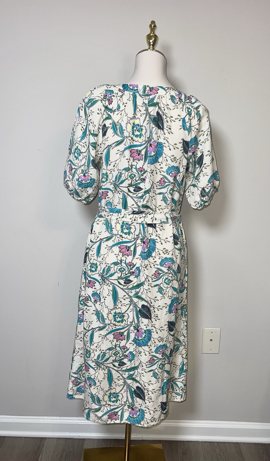 LOFT Ivory Floral Woven Cotton A-Line Dress XS Belted Button Front V-Neck