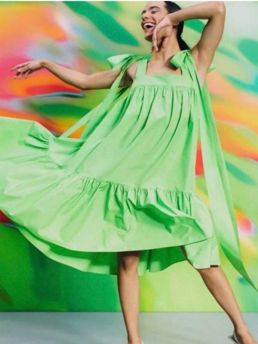 Christopher John Rogers Tie Strap High-Low Babydoll Dress Vibrant Green M