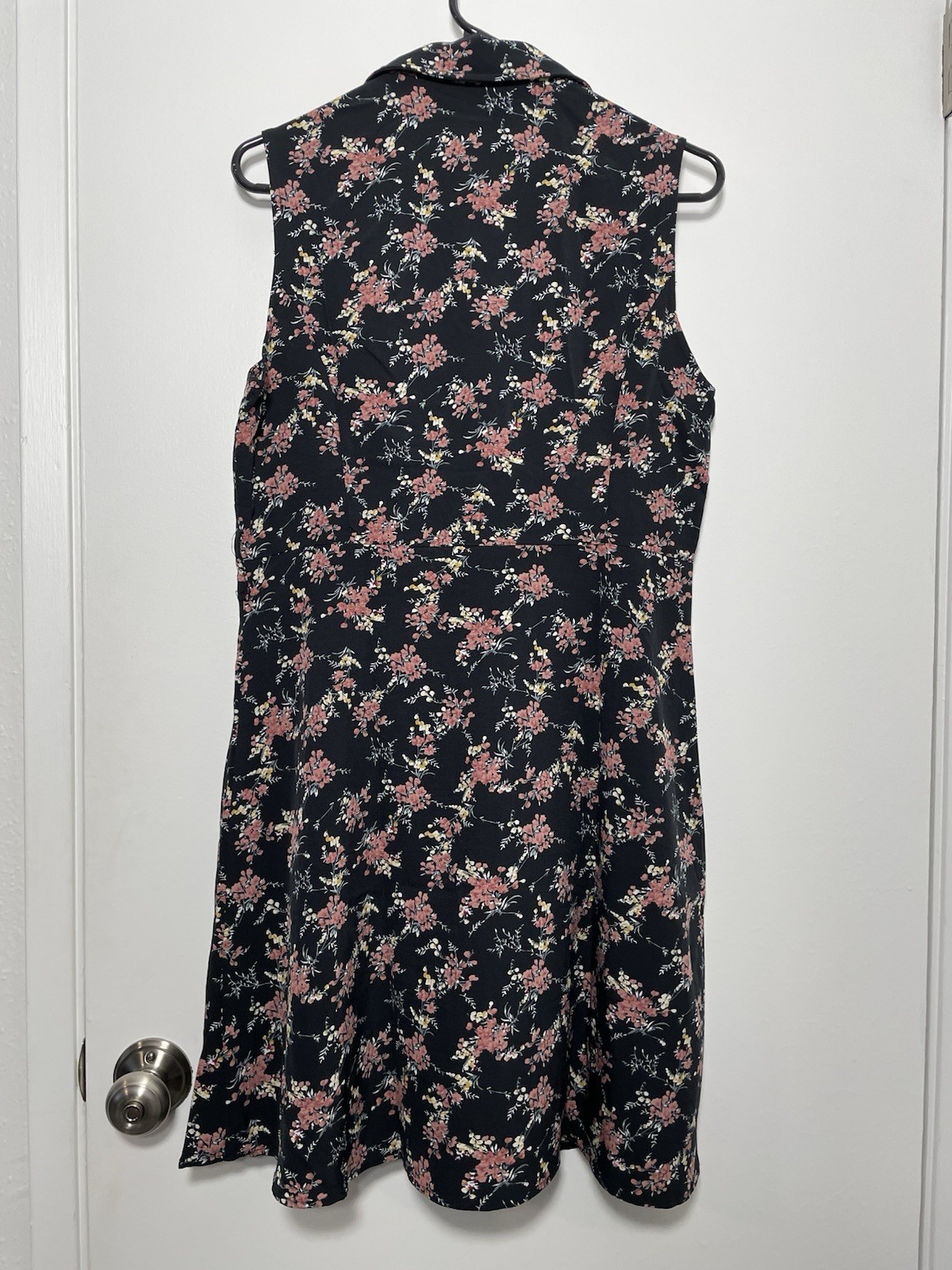 Allegra K Black Pink Floral Collared Button Front Stretch Shirt Dress S