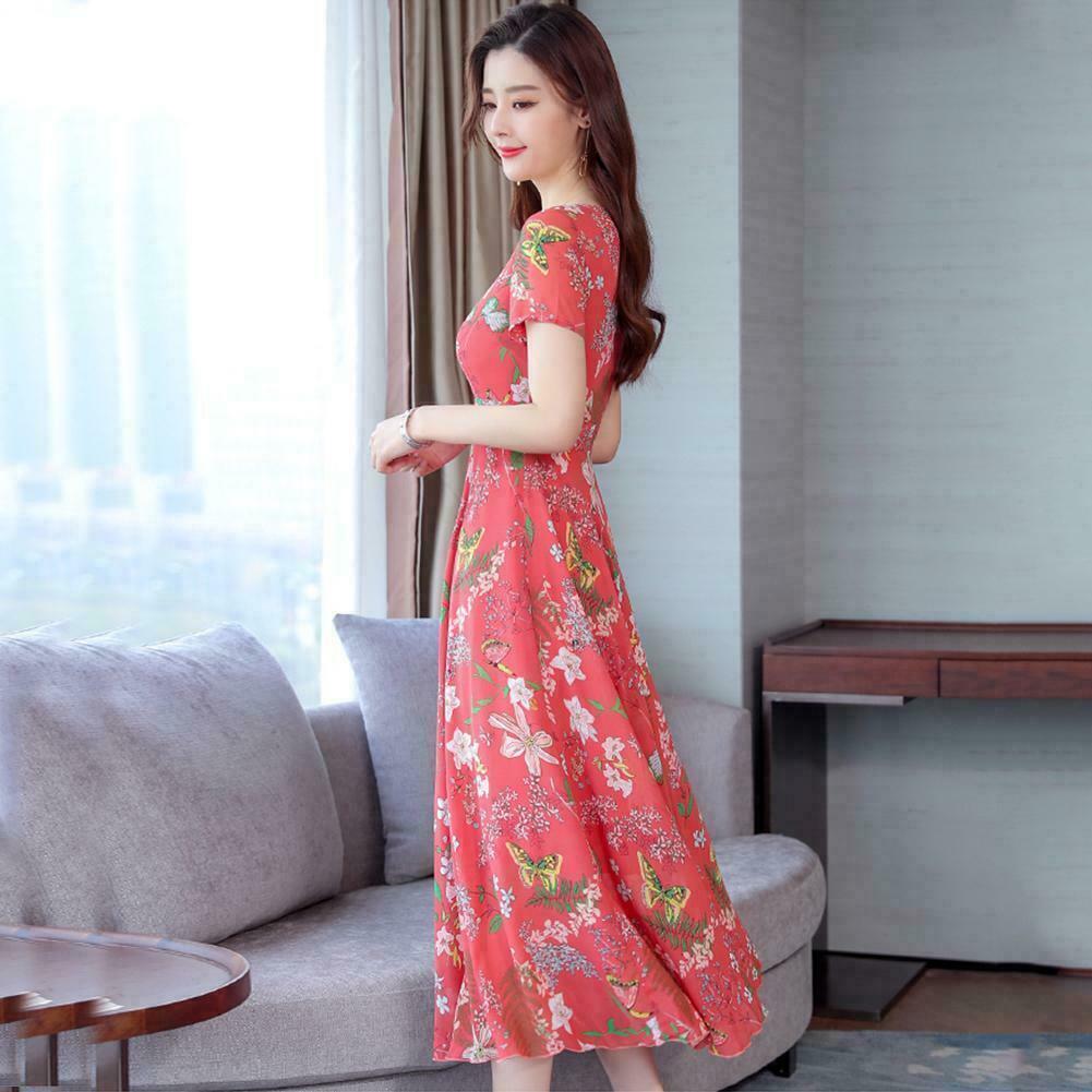 L-3XL Dresses Long Size Plus Print Floral Women Slim O-neck Sleeve Short Dress