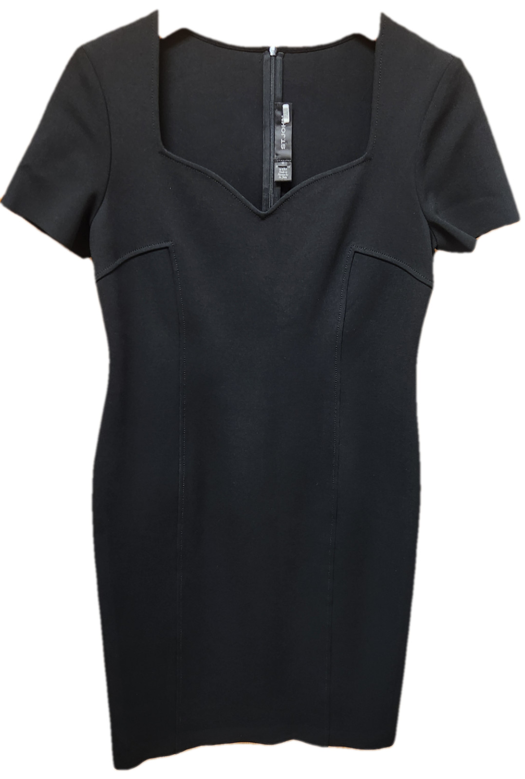 ST. JOHN Size 10 Black Sculpture Knit Dress Sweetheart Neckline Short Sleeves