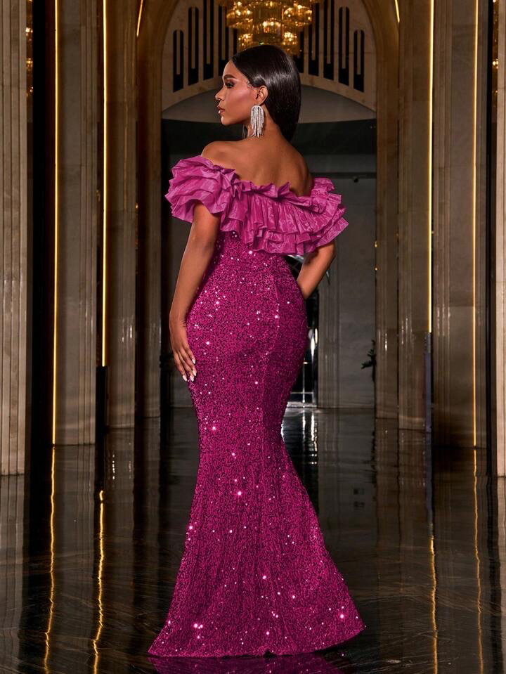 Layered Ruffle Trim Off Shoulder Sequin Mermaid Dress