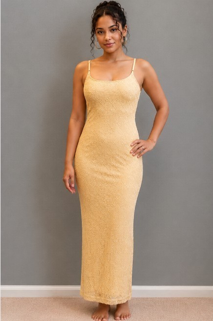 All That Jazz Pale Yellow Gold Tan Lace Maxi Dress Stretch Formal Adj Straps MED