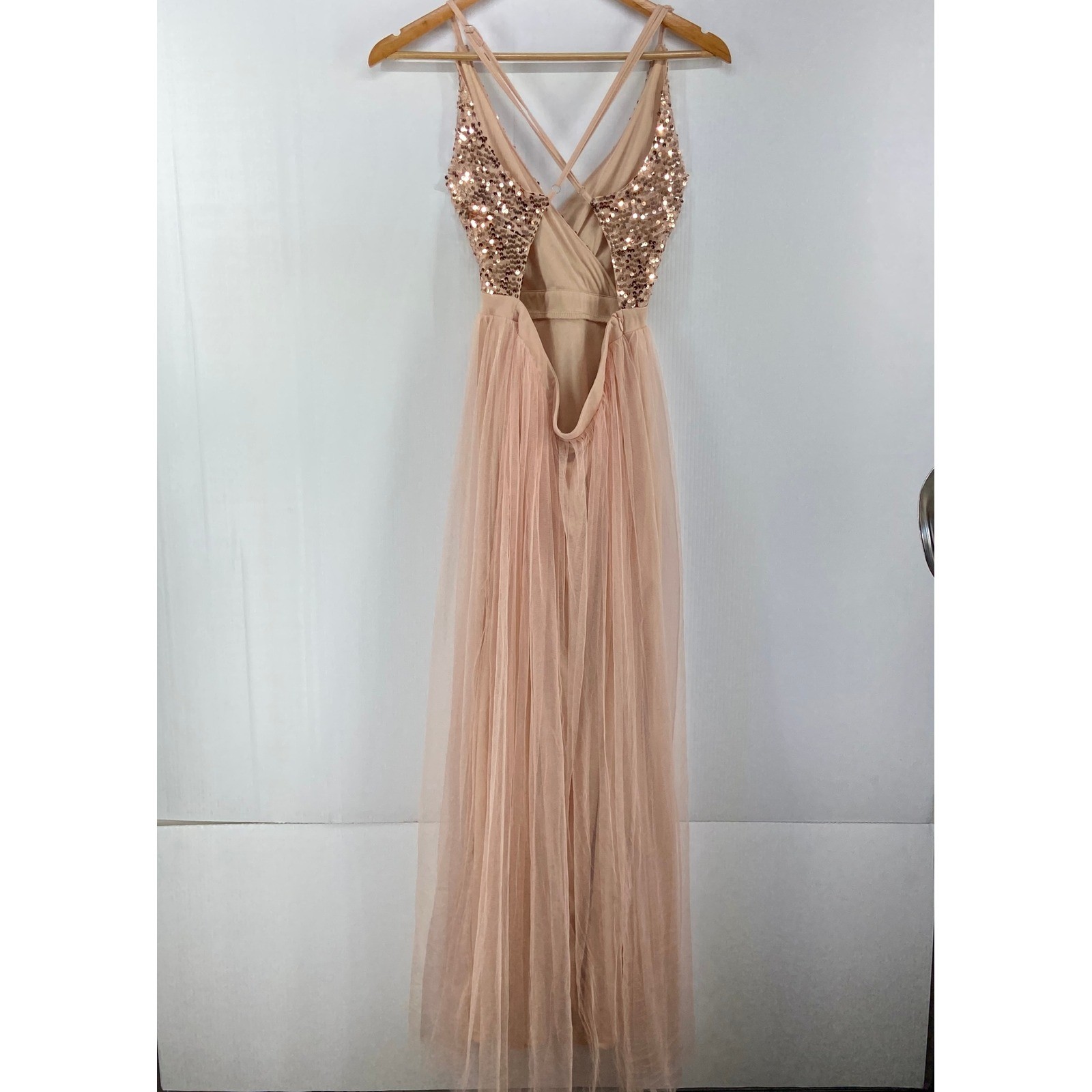 Cupshe Peach Pink Rose Gold Sequined Tulle Evening Dress Gown Womens Large NWT