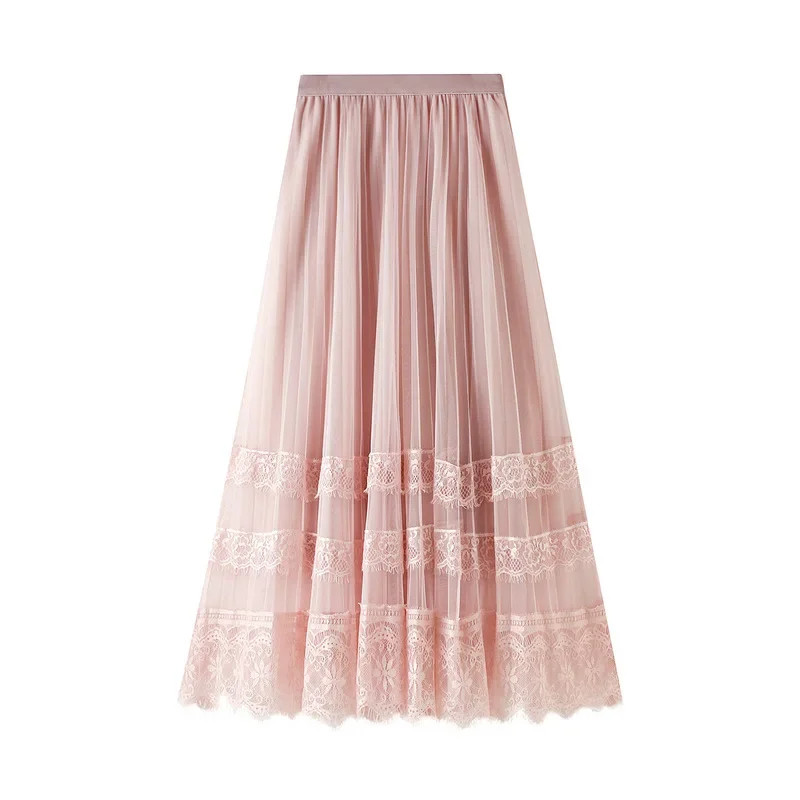 Korean Spring Autumn High Waist Tulle Midi Skirts Fashion Lace Hollow Long Skirt