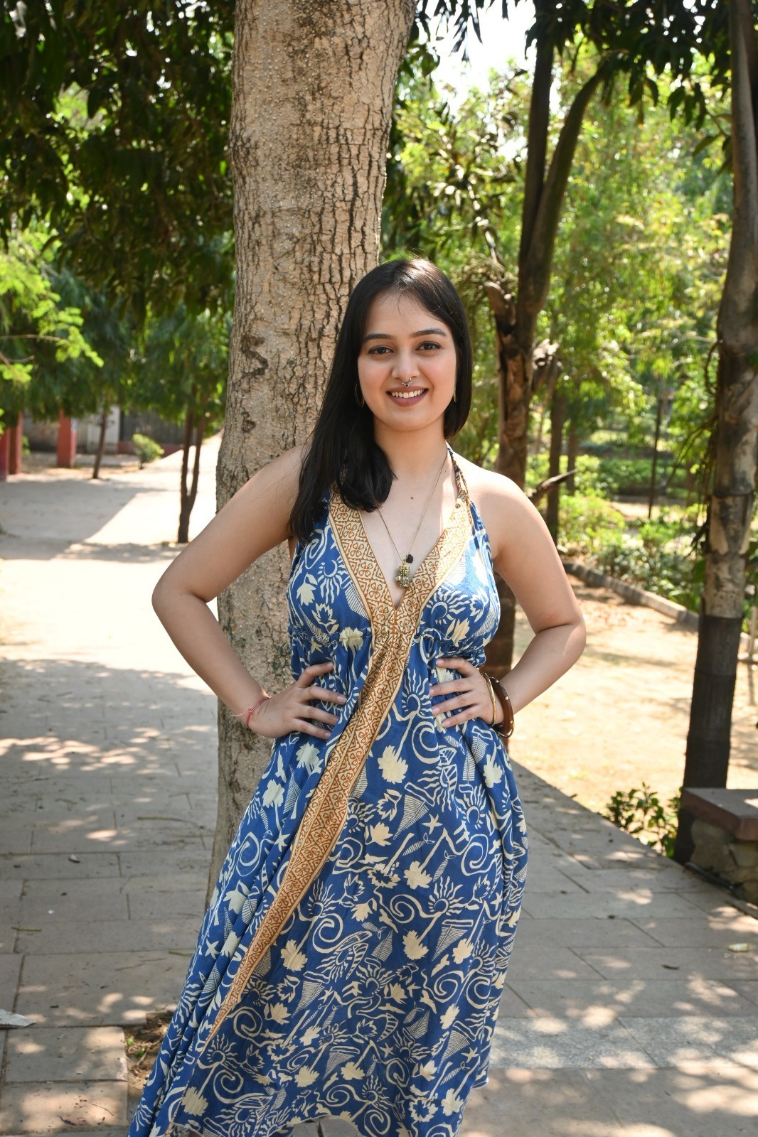Boho Floral Print Halter Neck Maxi Dress V-Neck Backless Blue Summer Long Sundre