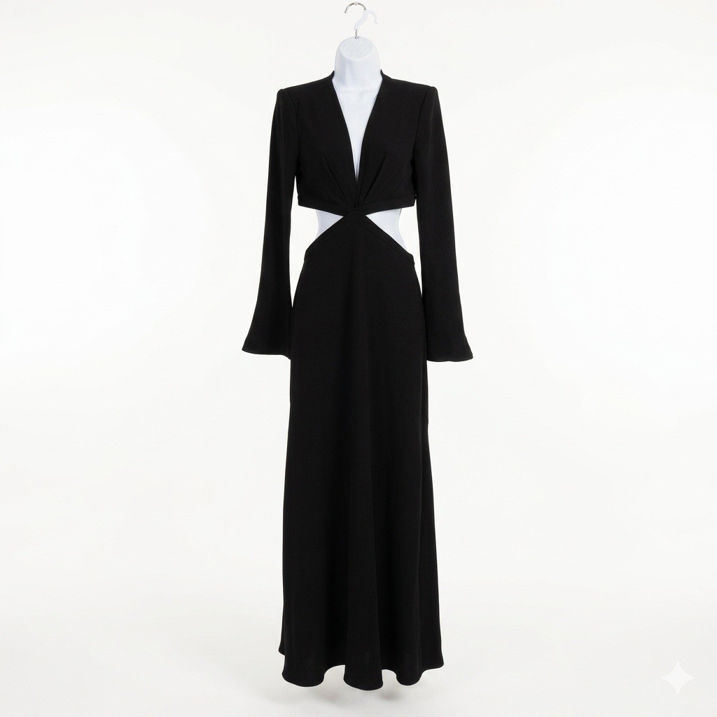 A.L.C. Issa Cutout Black Evening Gown Maxi Dress Size 4 Long Flare Sleeve VNeck