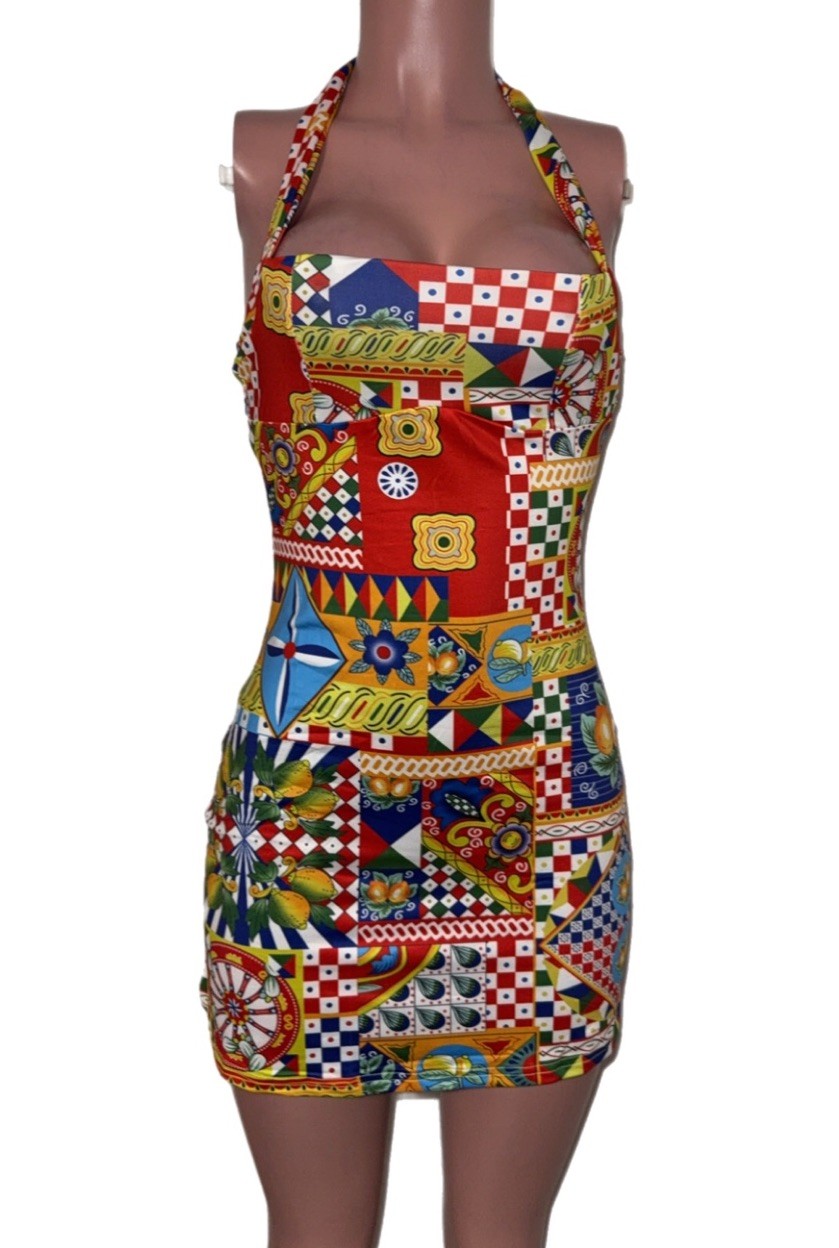 Luau Floral Patchwork Halter Mini Dress New S Vacay Going Out Beach Sundress