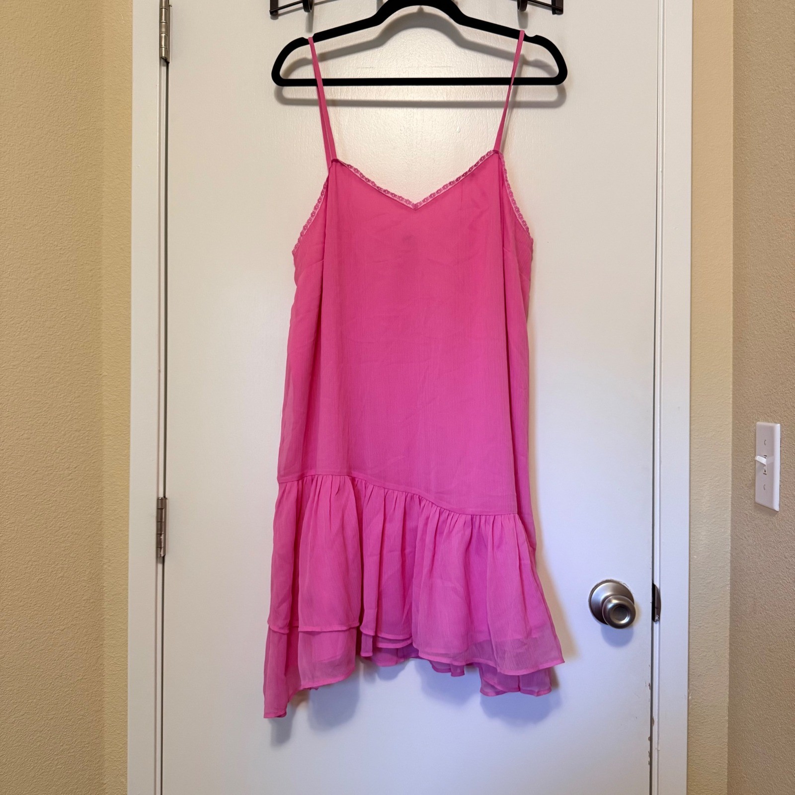 American Eagle Pink Chiffon Slip Dress Ruffle Hem Lace Trim Mini XL NWT