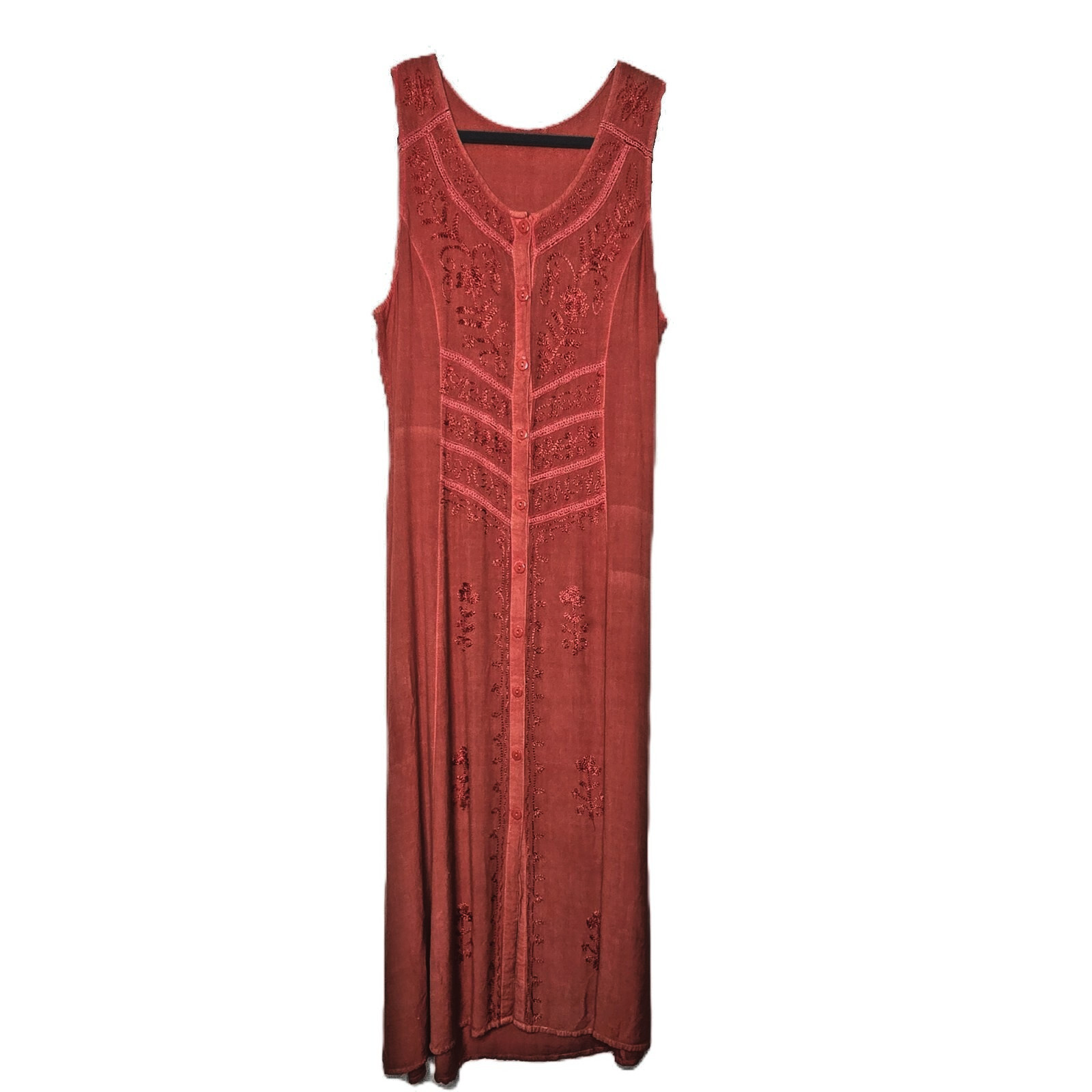 Embroidered Button Up Rust Orange M Tank Dress Waist ties Hippie Boho Artisanal