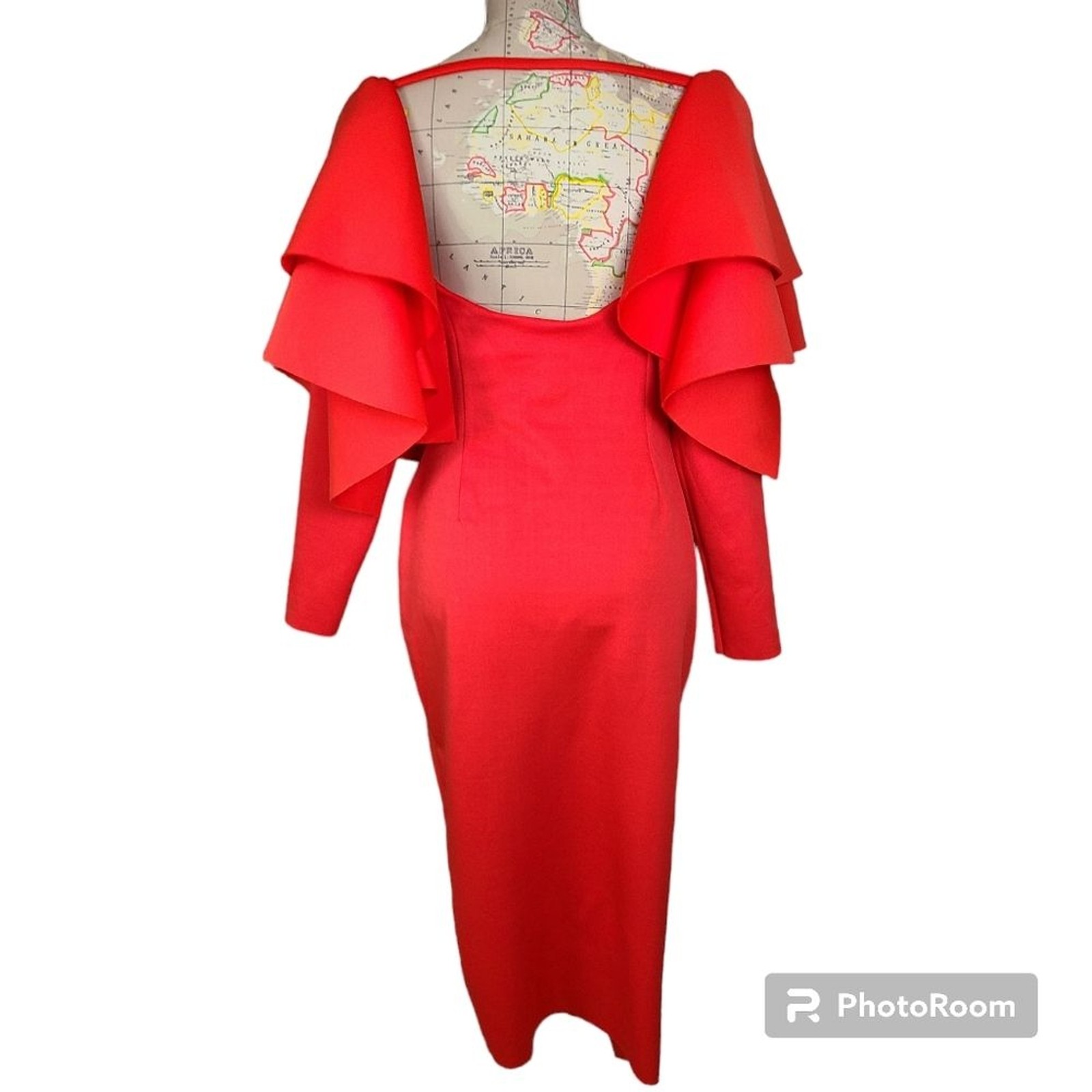 ASOS DESIGN Size 10 Red Orange Dramatic Ruffled Sleeves Open Back Midi Dress NWT