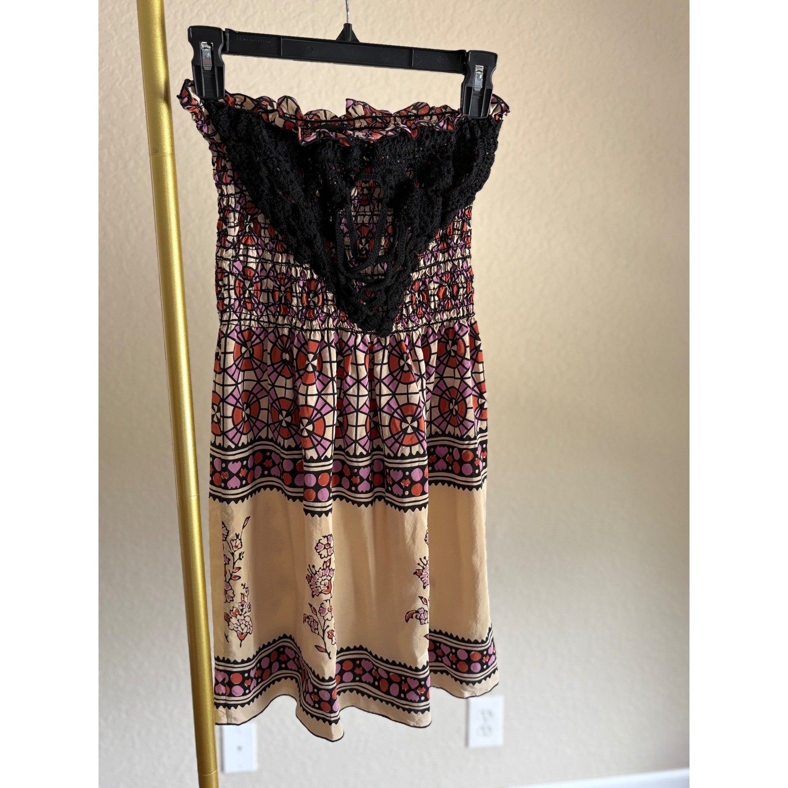 Anna Sui Mini Dress Silk Smocked Strapless Crochet Lace Floral P Boho Festival