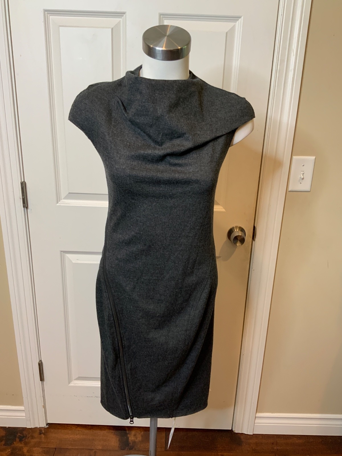 Helmut Lang X Barneys Gray Wool Sleeveless Asymmetric Zip Pencil Dress, Size S