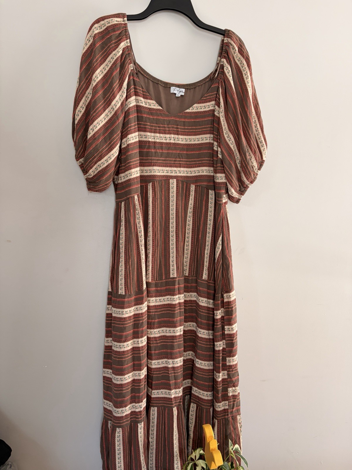 3XL Polagram Plus Size Womens Tiered Dress Brown with Cream and Red Stripes