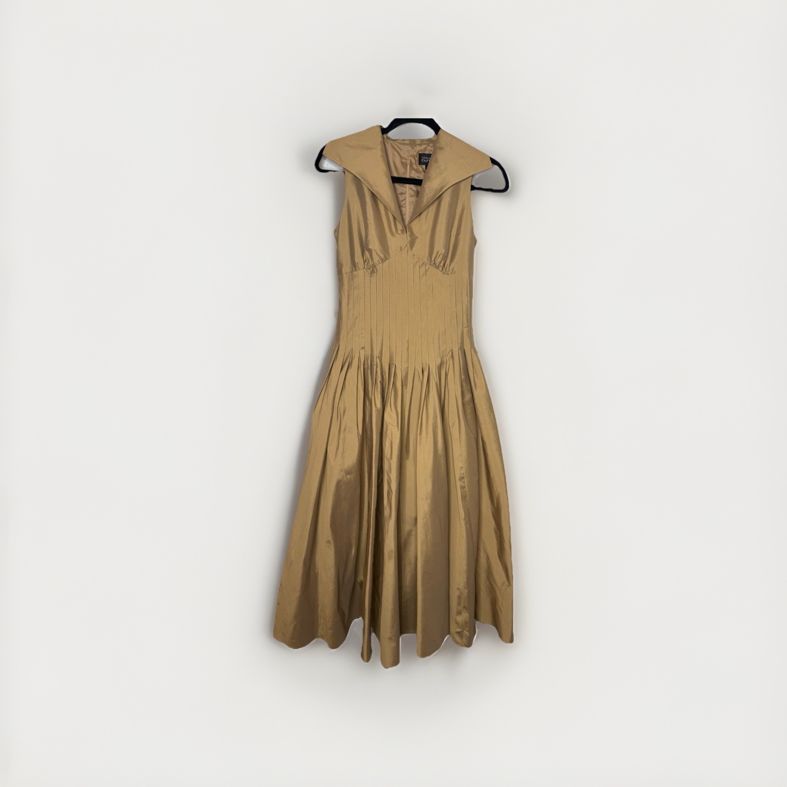 Vtg Satin Adrianna Papell Pleated Faille Collared Dress Brushed Gold Size 4
