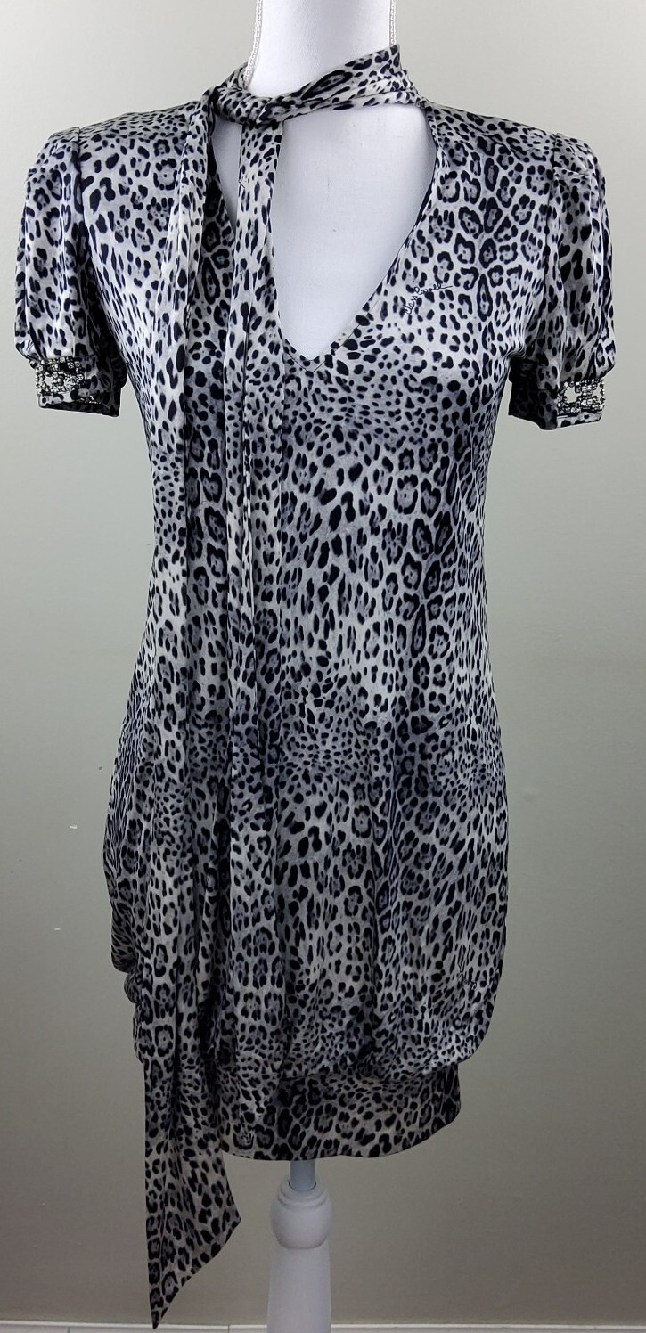 Roberto Cavalli Class Jaguar Print 100% Silk Rhinestone Sleeve Dress Size 40/6US