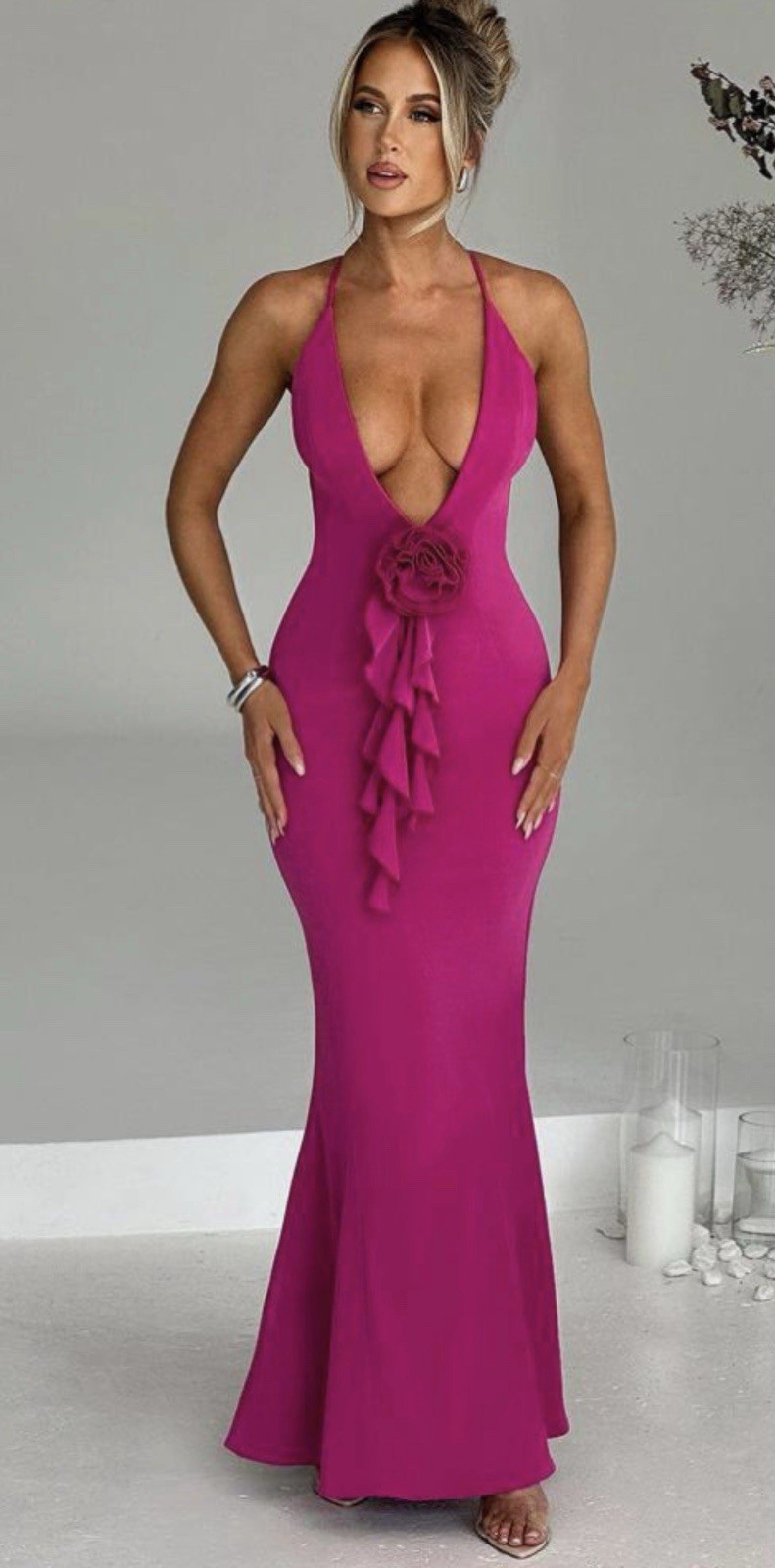 New Deep Plunge Backless Constantina Maxi Dress Large