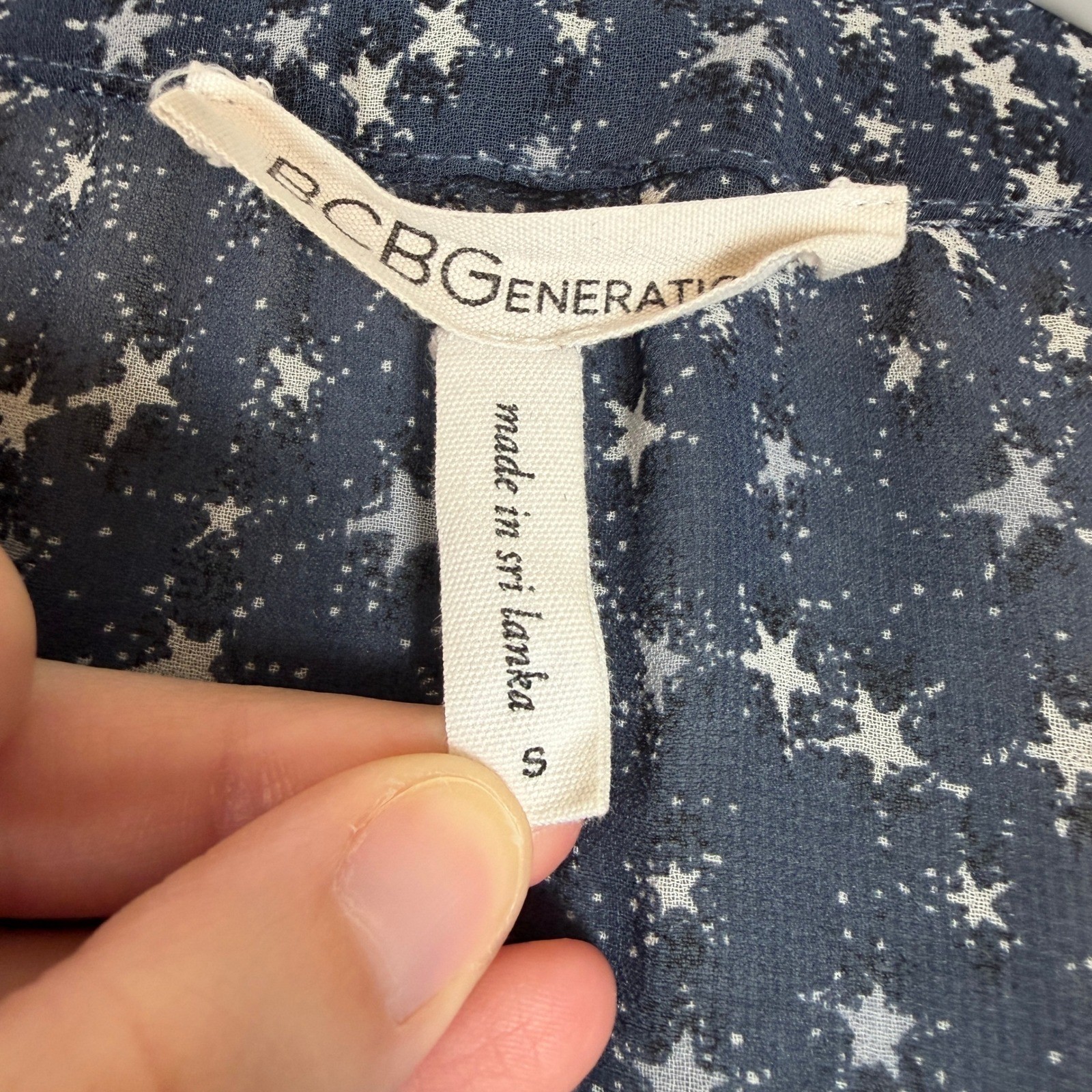 BCBGeneration Size S Navy Star Print Sheer Long Sleeve V Neck Mini Dress