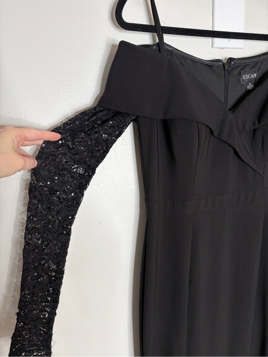 Xscape Evening Gown Off The Shoulder Sheer Lace Sleeves Front Slit Black Size 8