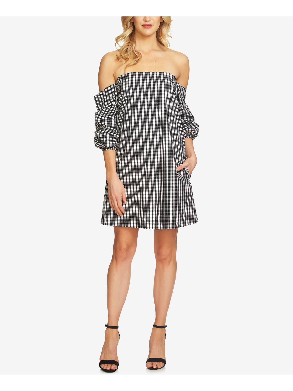 1. STATE Womens Ivory Check 3/4 Sleeve Off Shoulder Above The Knee Shift Dress S