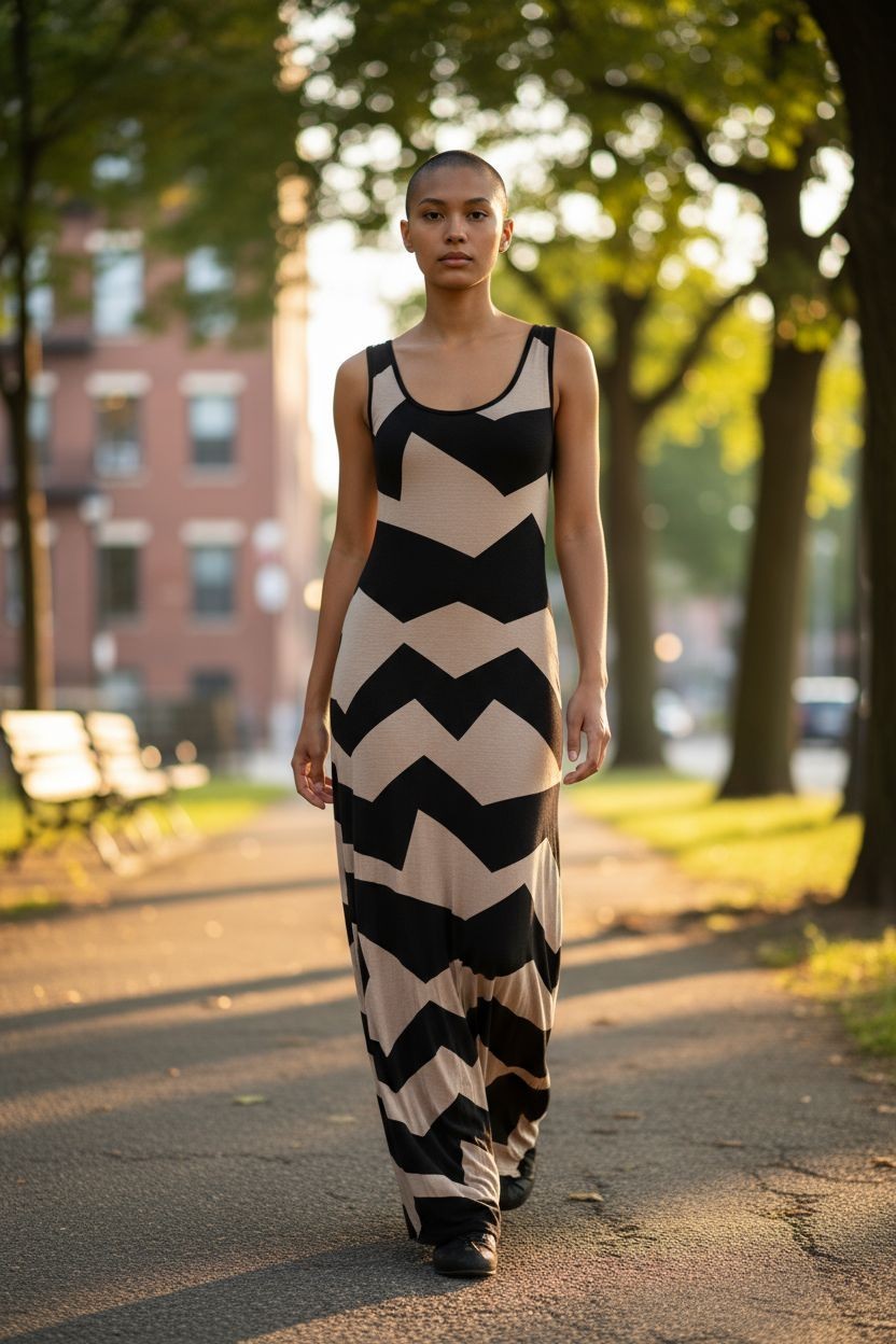 Arden B Womens Chevron Maxi Dress Tan Black Lace Up Back Sleeveless XS