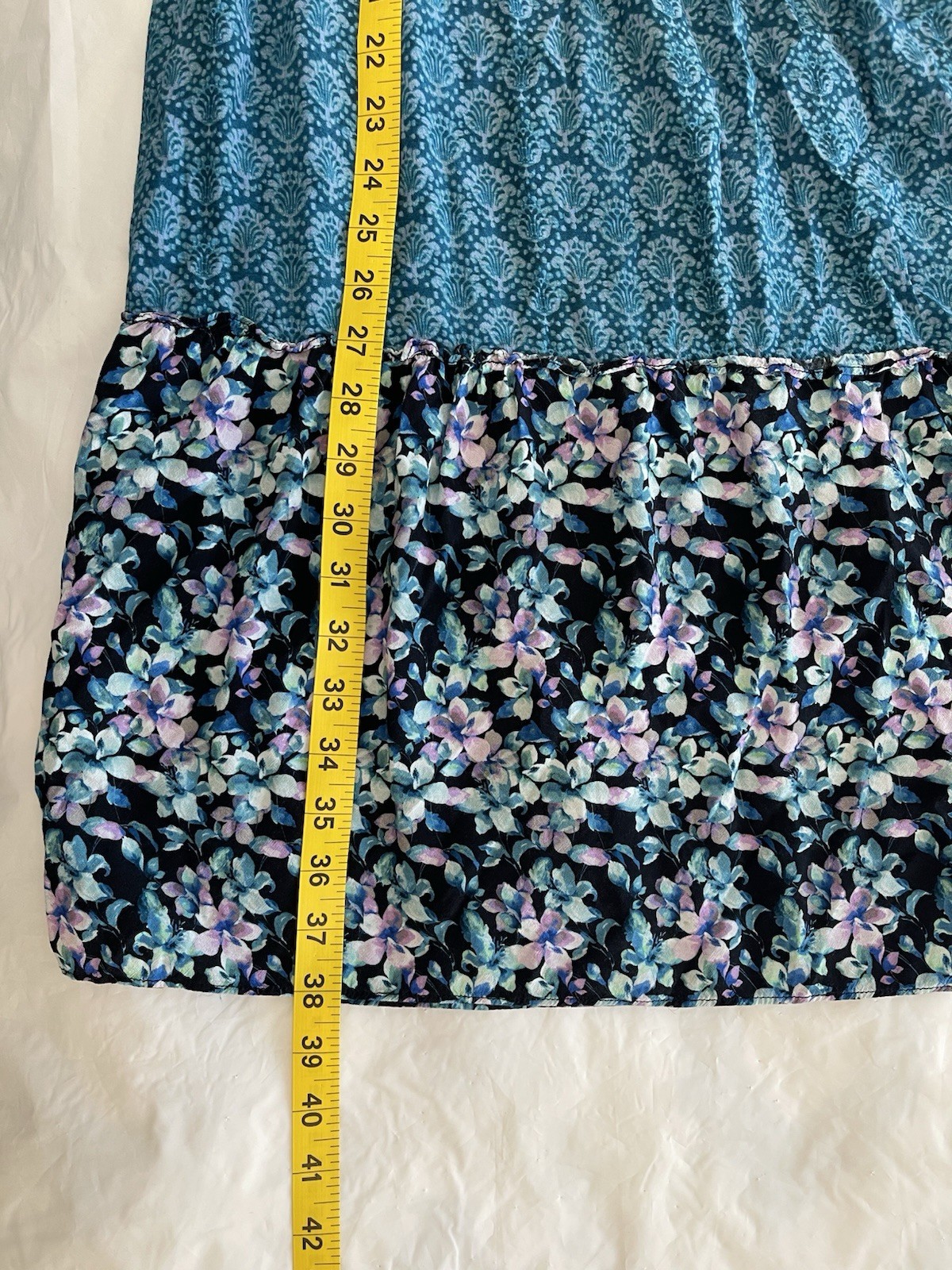 Soft Surroundings Night Bloom Tiered Boho Dress L Patchwork Blue Block Print