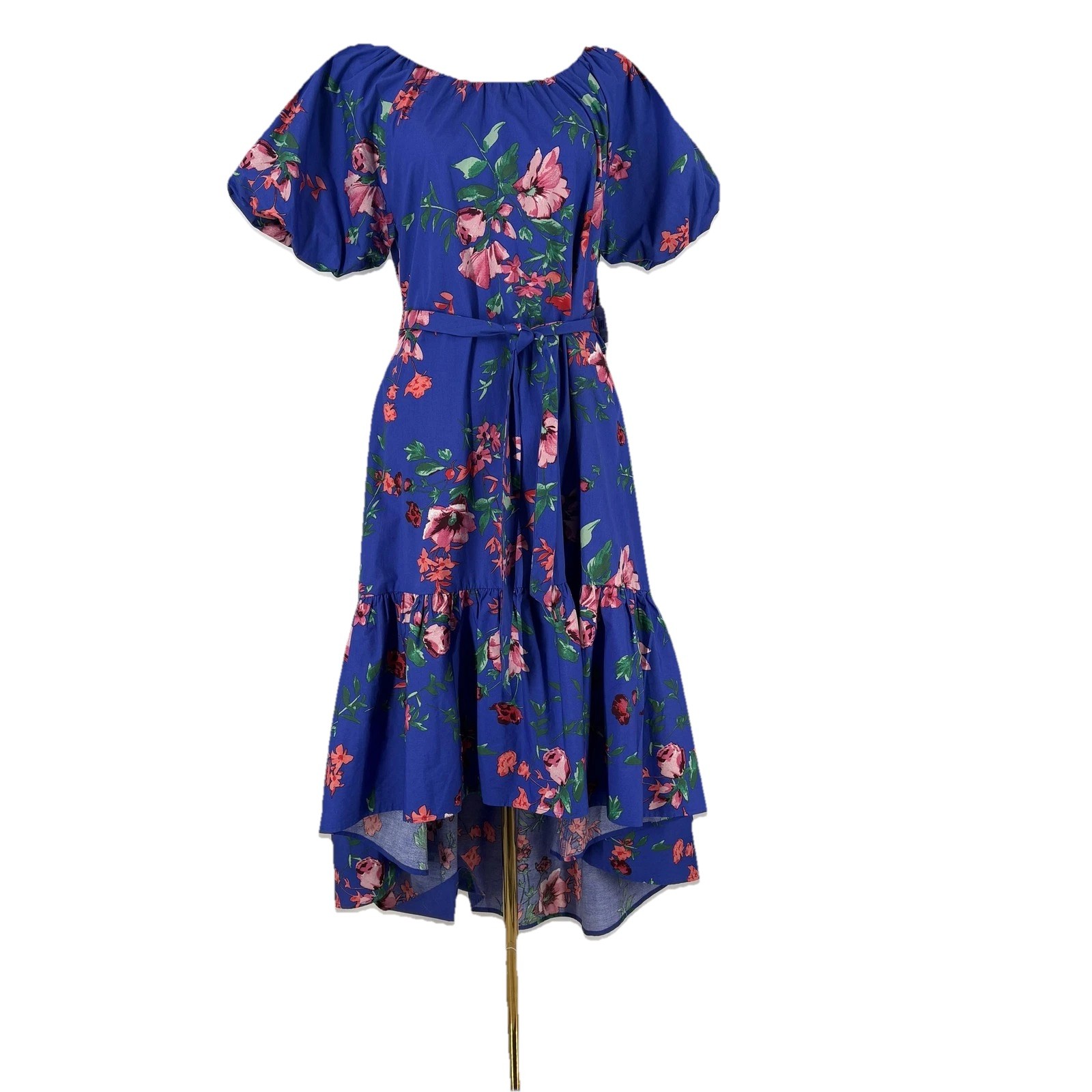 Kensie Womens Floral Midi Dress Blue Puff Sleeve Hi Low Ruffle Belted Cotton
