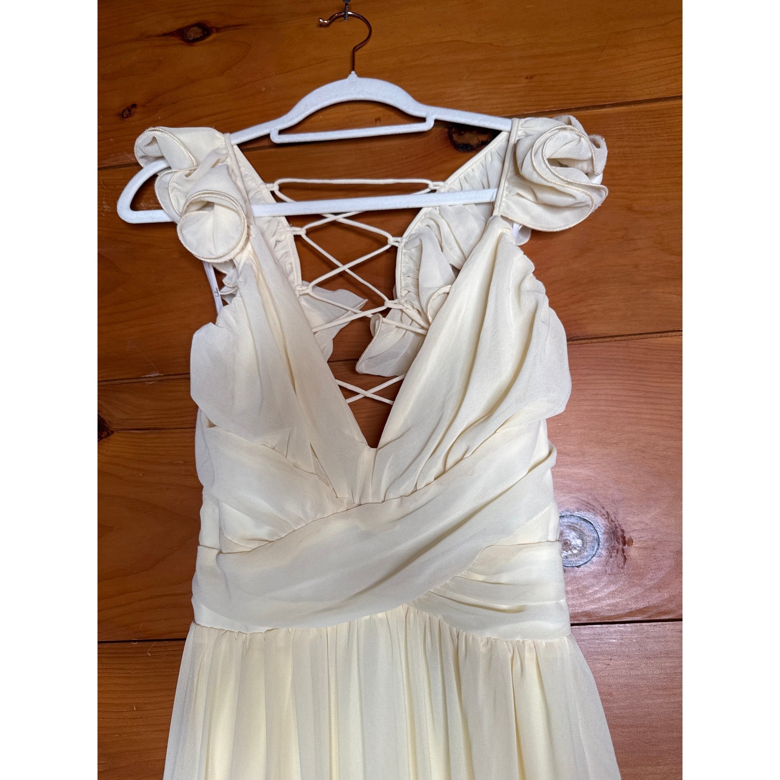 NWT Lulus Soiree Celebration Light Yellow Ruffled Lace-Up Maxi Dress Tiered S