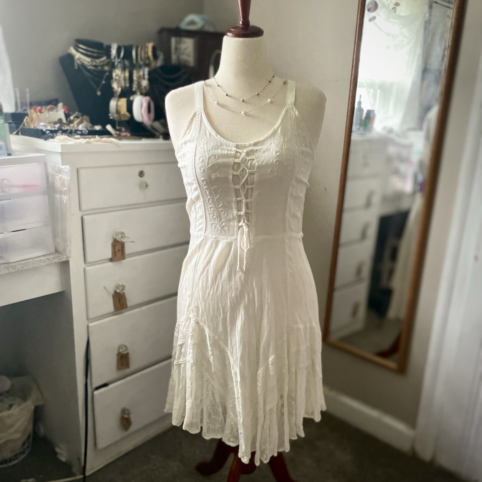 NWT Sundress Ivory Lace Up Corset Boho Dress Embroidered Cottagecore Festival