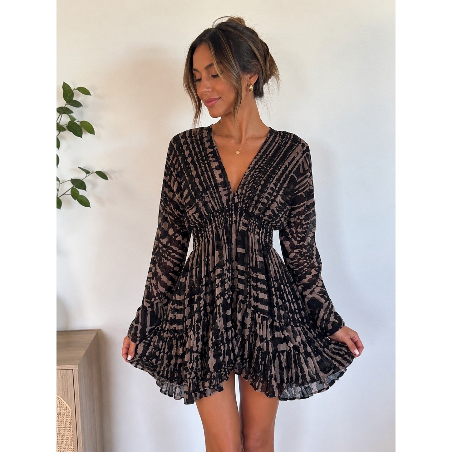 MISA Los Angeles XS NWT Sheer Long Sleeve Smocked Mini Dress Black Taupe