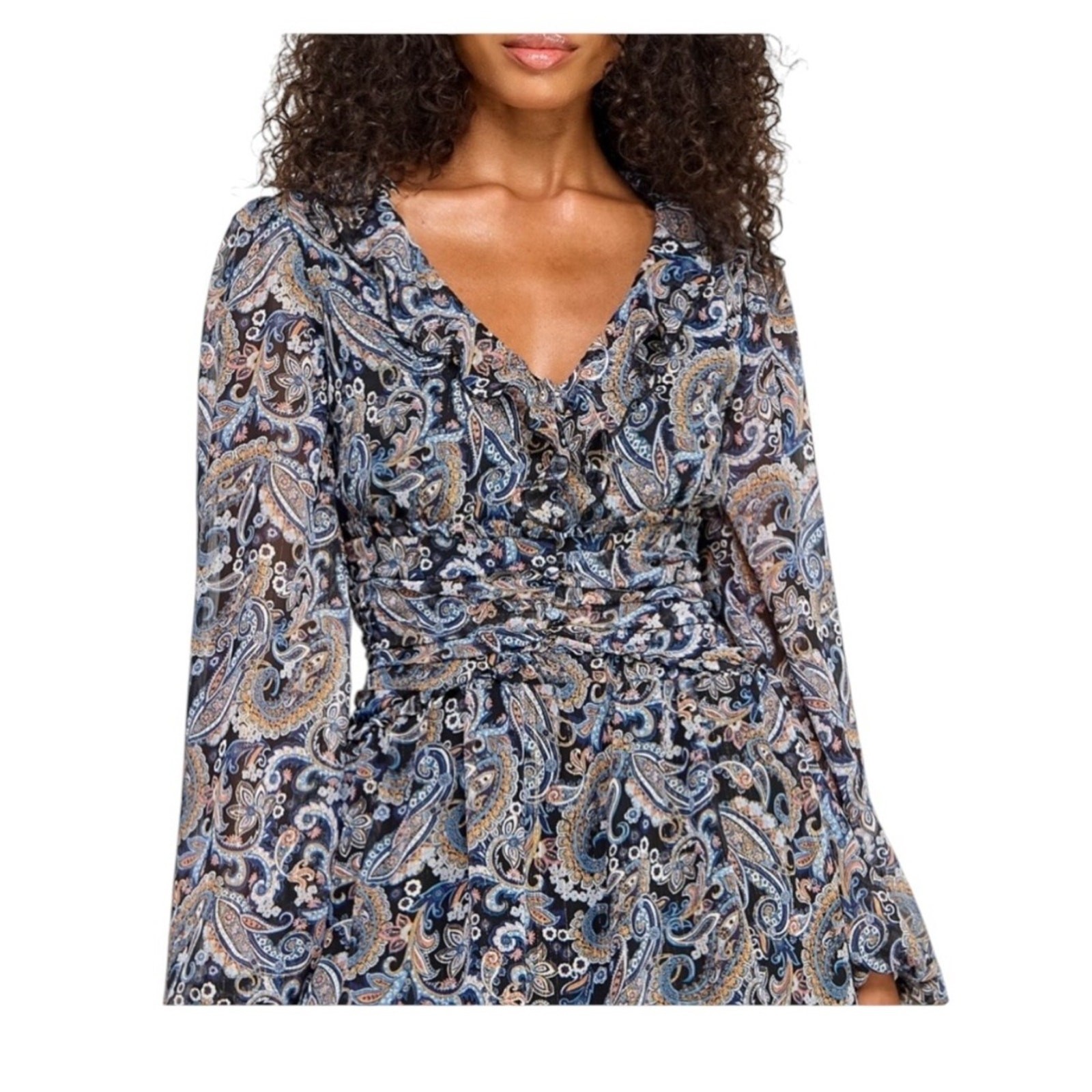 City Studio Paisley Long Sleeve Ruffle Mini Dress Boho V-Neck Blue/Beige SIZE S