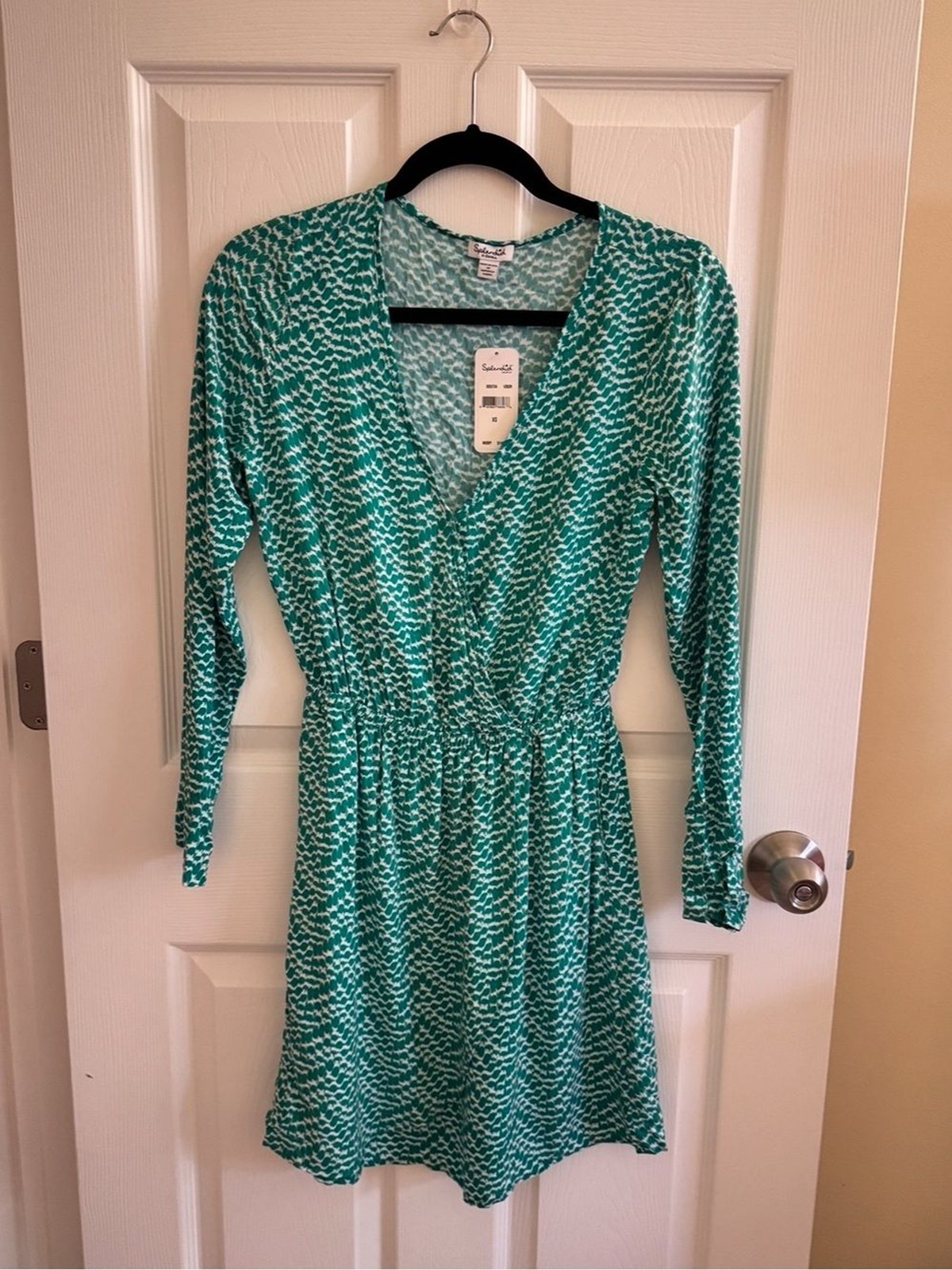 NWT Splendid Teal & White Long-Sleeve Wrap-Style Dress- XS