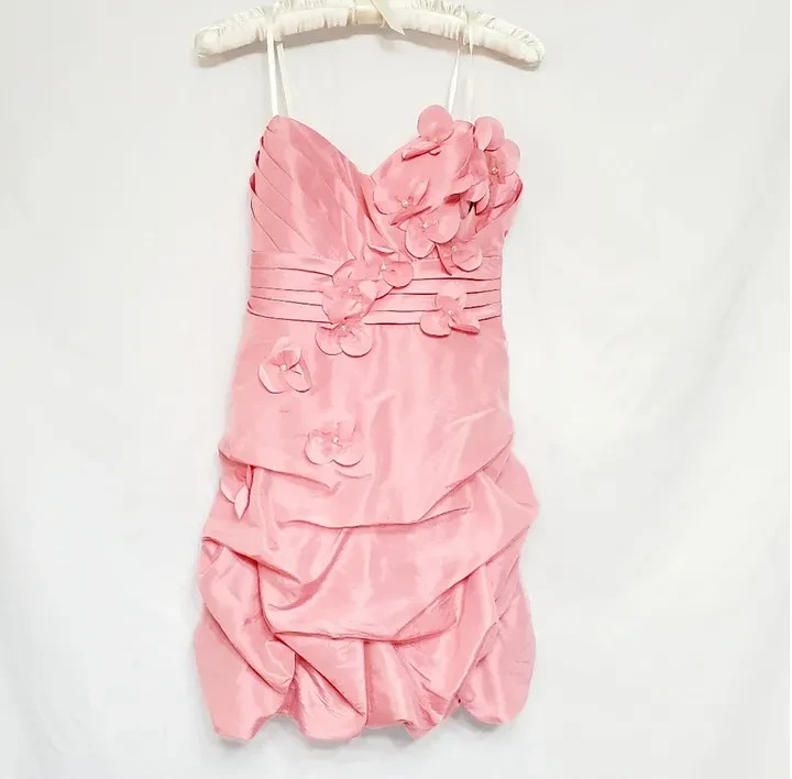 READ! Vintage Y2K Bubblegum Satin Pleated Floral Appliqué Strapless Mini Dress