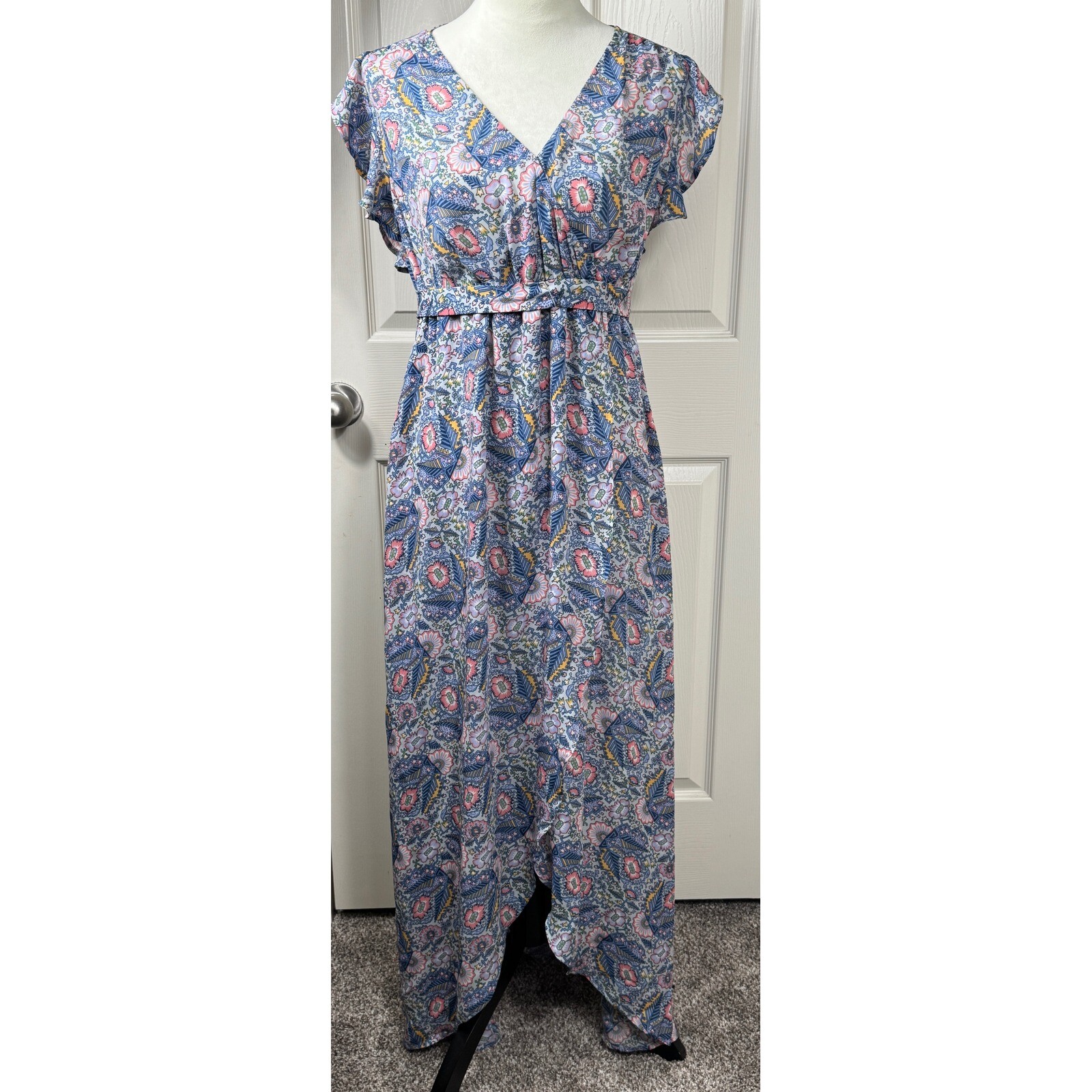Ella Moss Maxi Dress Floral Print V Neck Tie Waist Casual Blue Size L