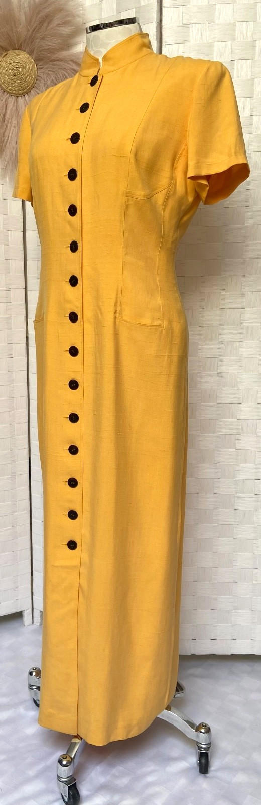 VTG Dana Buchman 100% Silk Yellow Button Up Pocket Maxi Mandarin Dress Size 8