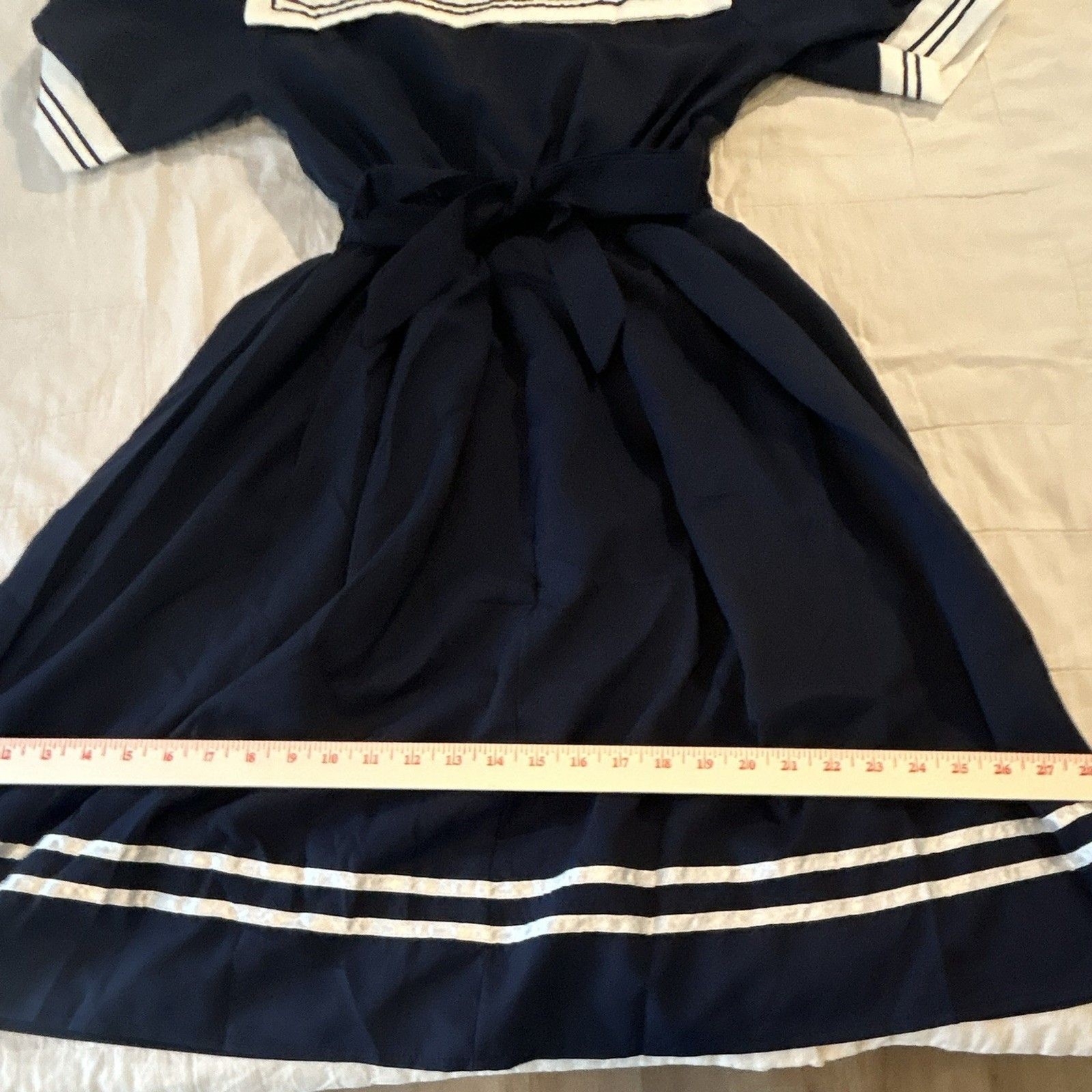 QIAO DUO YI M Women’s Navy White Sailor Collar A-Line Belted Dress Button Bow