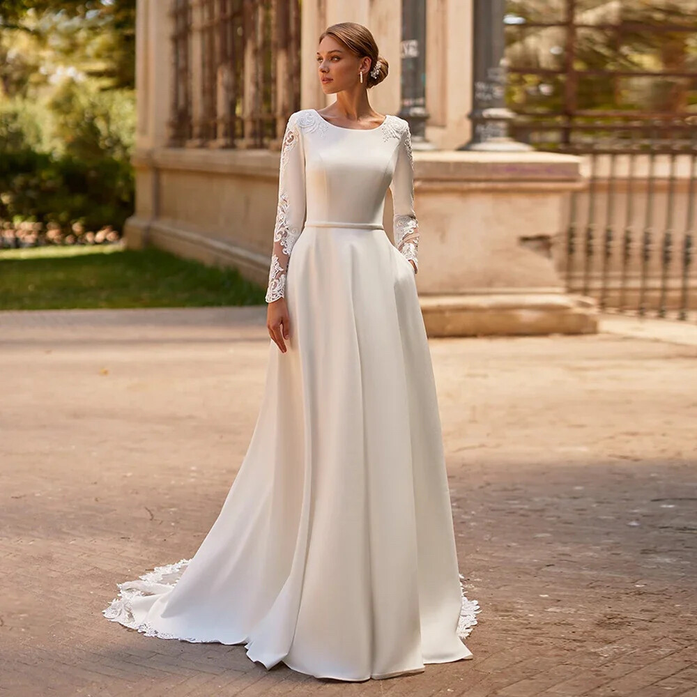 Long Sleeves Wedding Dresses A Line Satin Lace Belt Buttons Applique Sweep Train