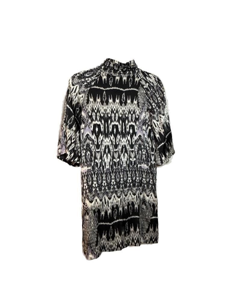 L Marciano Black Silver and Purple Silk Blend High Neck Short Sleeve Swing Dress