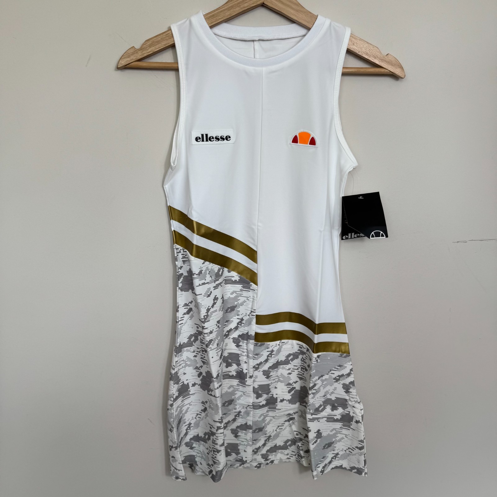 Ellesse Intrinsic Tennis Dress White Gold Sleeveless Sports Dress NWT UK 8 EU 36