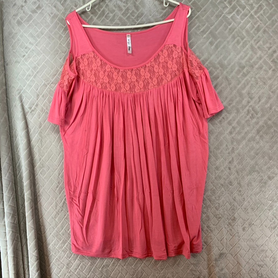 White Mark Mini Dress Women 2XL Pink Lace & Ruched Neckline Cold Shoulder Sleeve