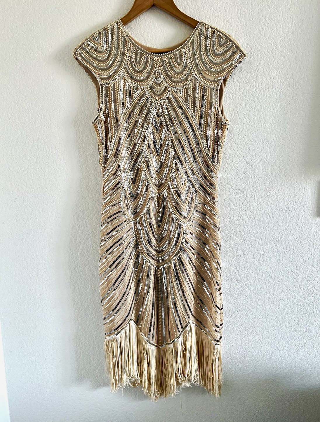 Womens Beige Beaded Sequin Fringe Mesh Sheath Cap Sleeve Zip Dress Size L