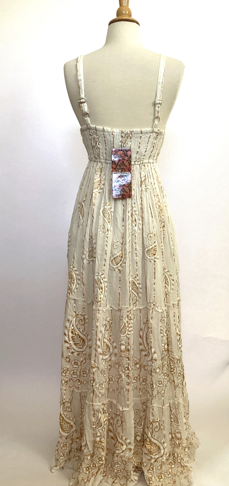 NWT Me 2 Magic Anthropologie Maxi Dress S Ivory Gold Lurex Smocked Embroidered