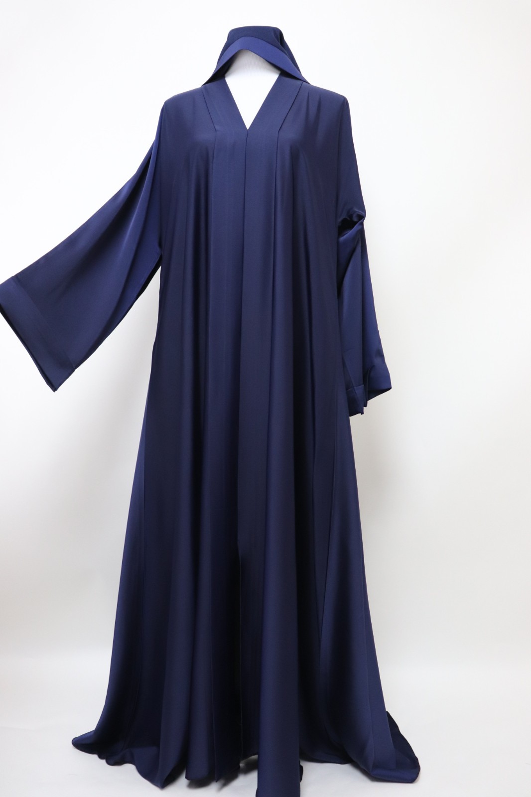 Dubai Abaya Closed Crinkle Semi Flare Umbrella Muslim Modest Dress Navy Blue