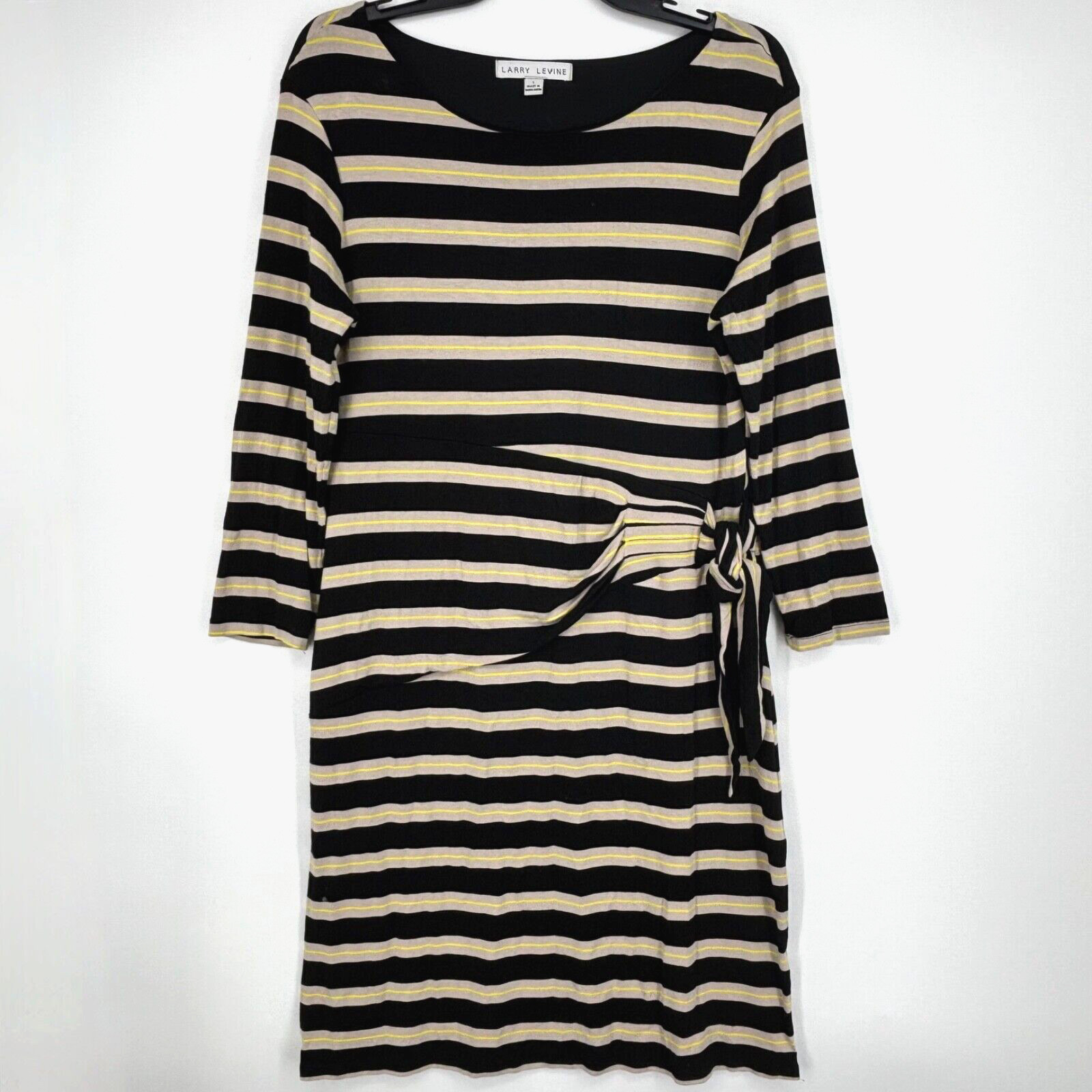 Larry Levine Womens Large Knit Dress Black Beige Yellow Stripes Long Sleeve Knee