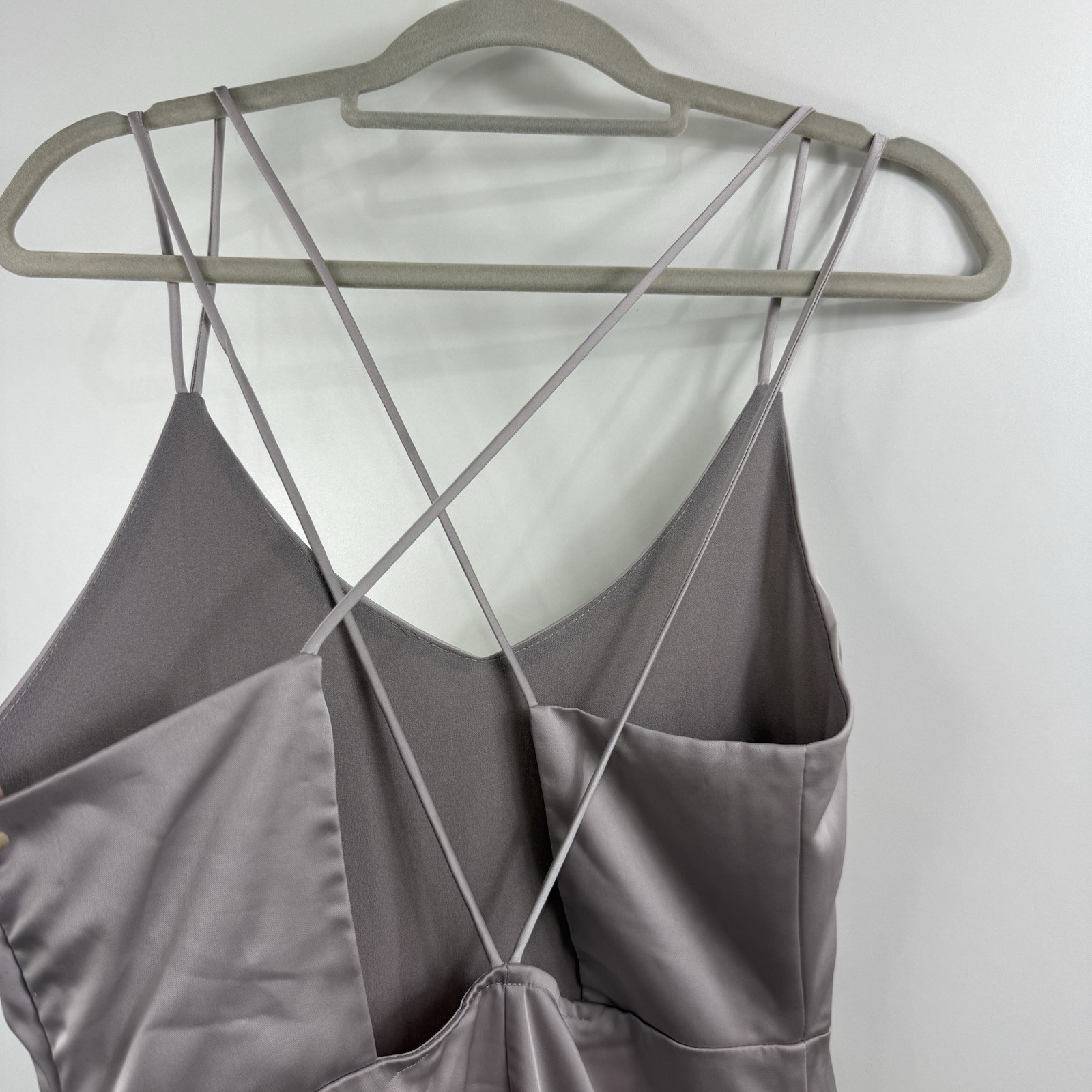 NWT Mod Ref Grey Taupe Eloise Crossback Midi Slip Dress Medium Satin Strappy