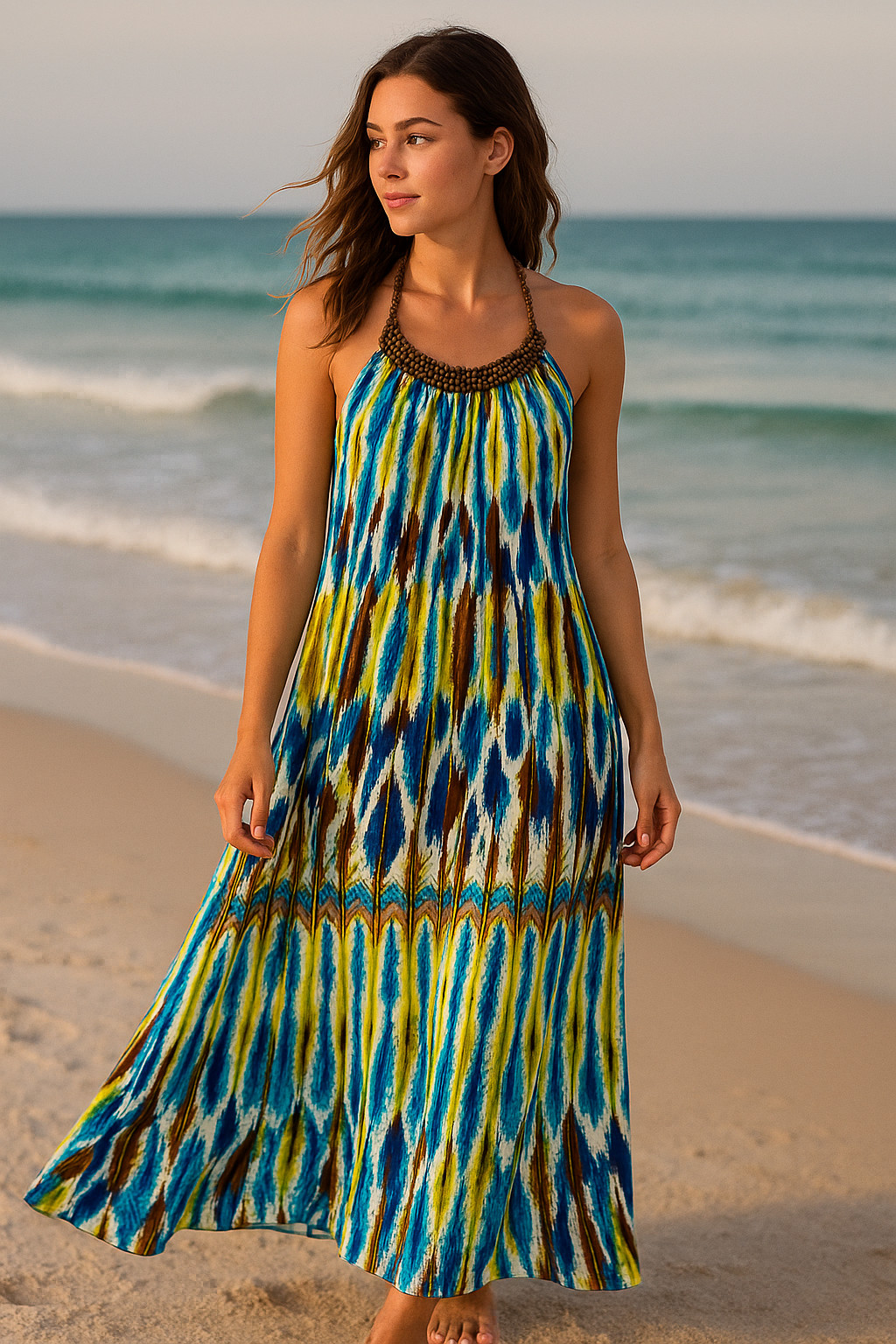 Alona Rose Boho Maxi Dress Medium Ikat Print Beaded Halter Festival Beachwear