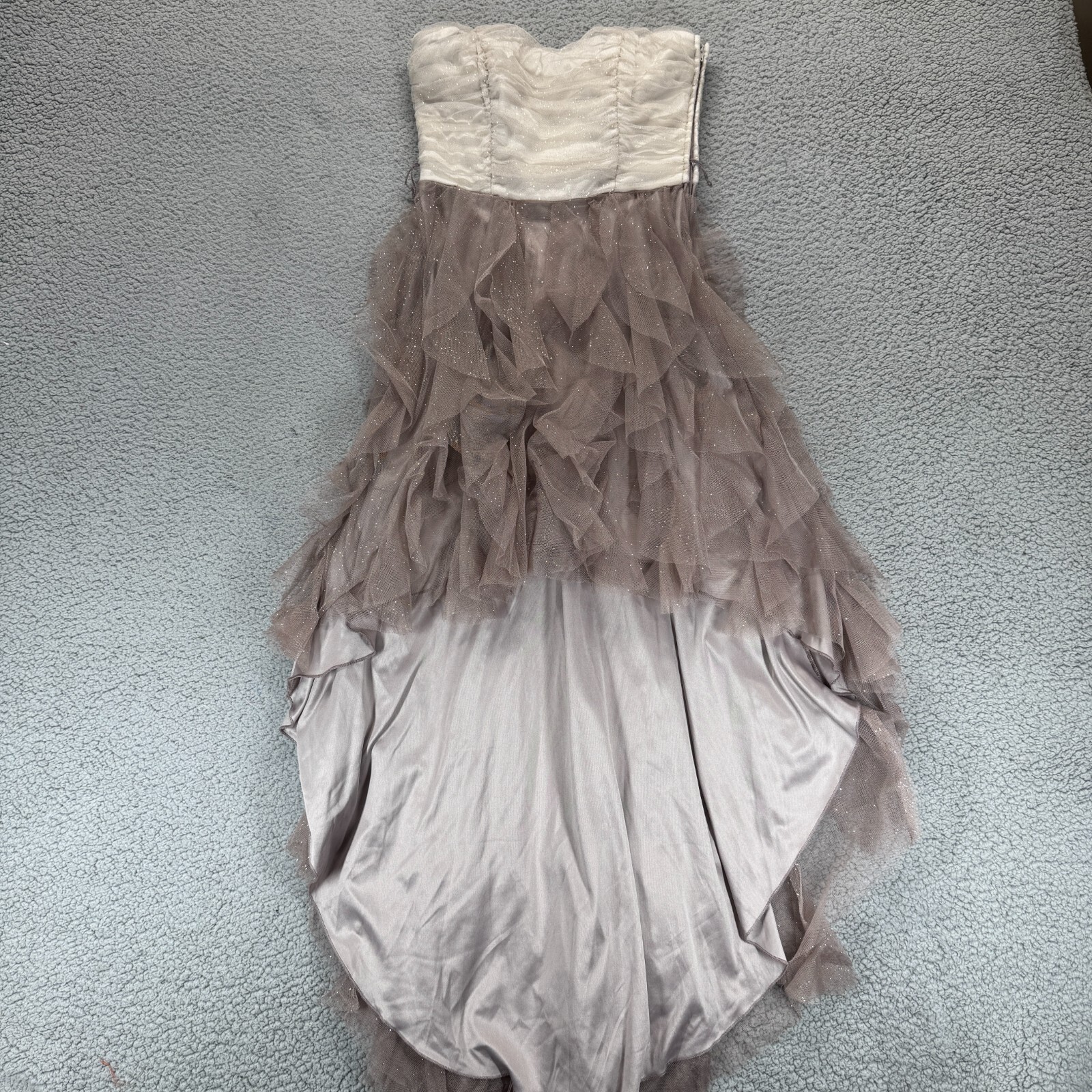 Teeze Me Dress Strapless High Low Prom Formal Party Tulle Ruffle Glitter Beige 3