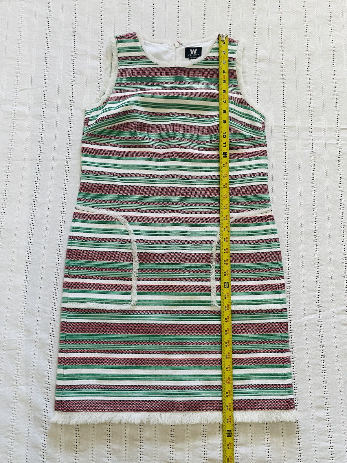 W By Worth Red, Green, White, Navy Fringe Sheath Dress. Size 2. Holiday. Luxury
