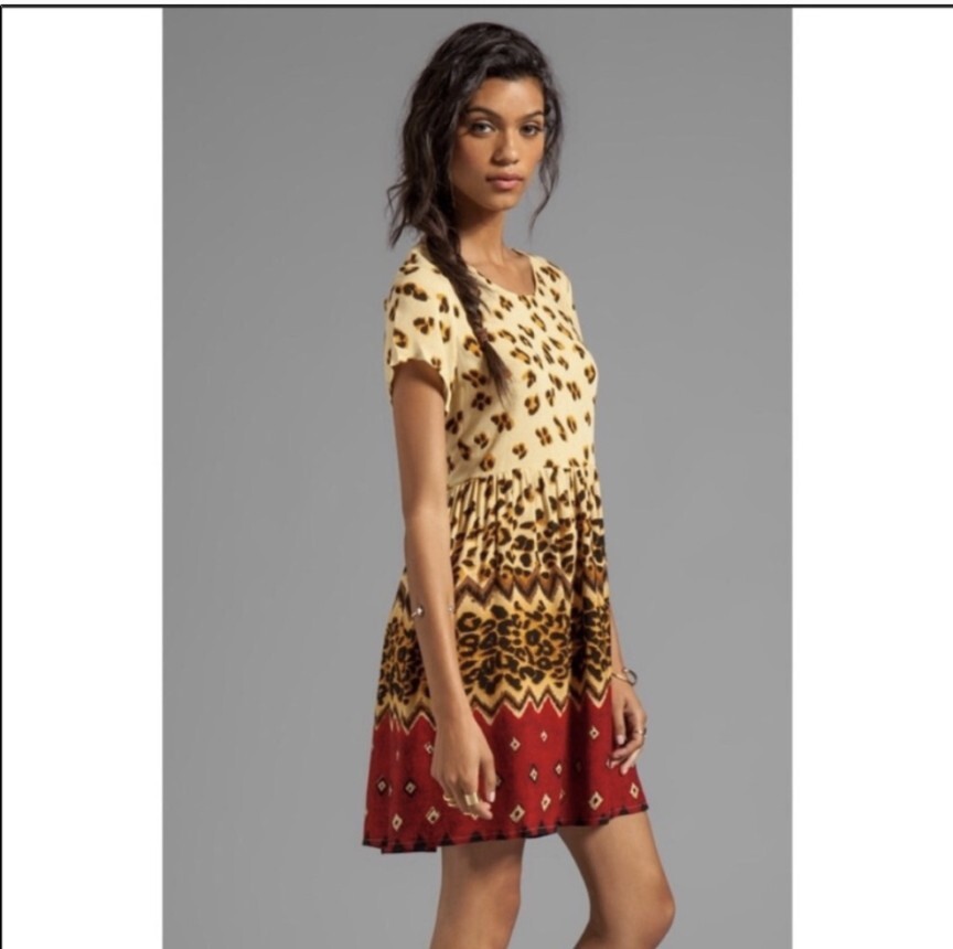 MinkPink Wild Things Mini Leopard Cheetah Boho Babydoll Dress Sz L