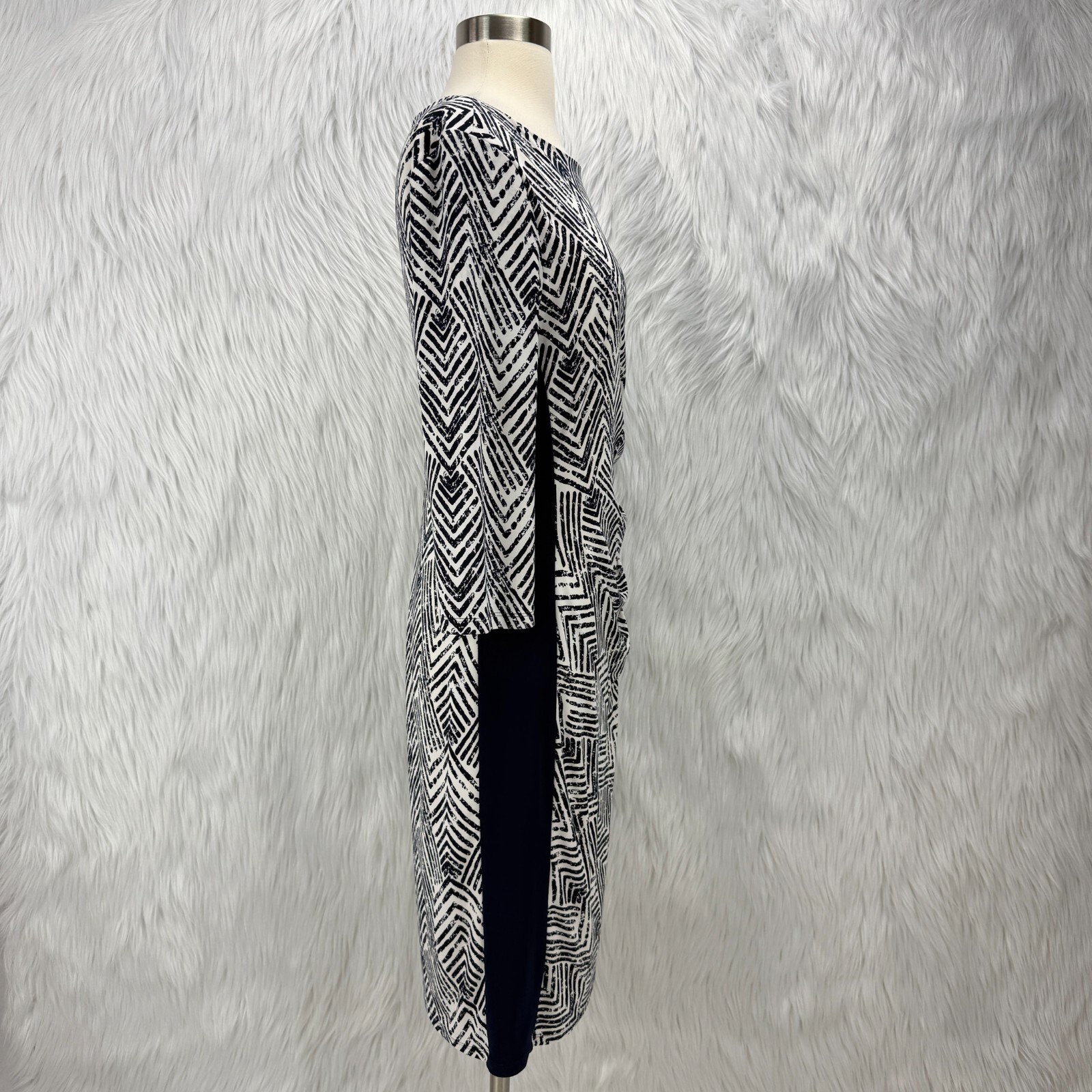 Lauren Ralph Lauren Dress Navy White Sz 10 Geometric Print Ruched 3/4 Sleeve